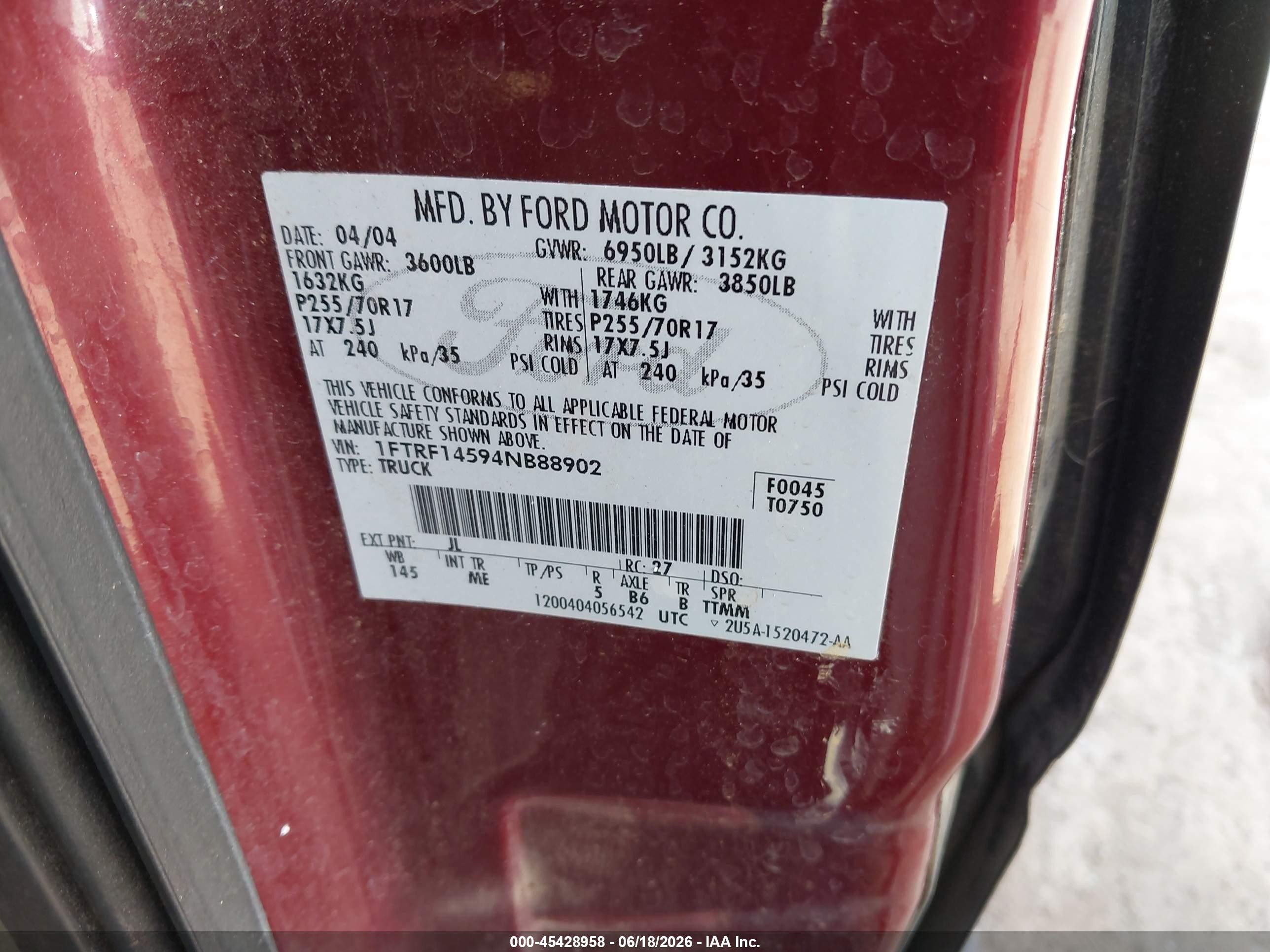 2004 Ford F-150 Fx4/xl/xlt Burgundy vin: 1FTRF14594NB88902
