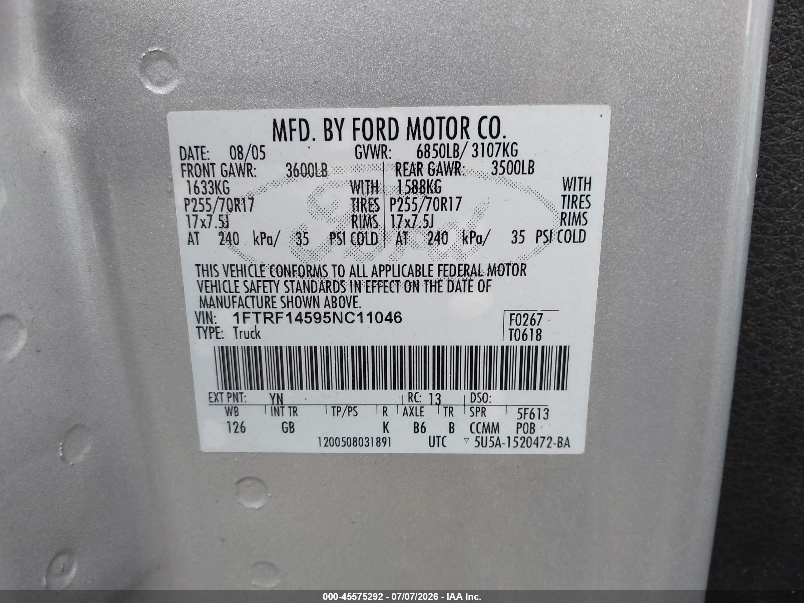 2005 Ford F-150 Fx4/xl/xlt Серебряный vin: 1FTRF14595NC11046