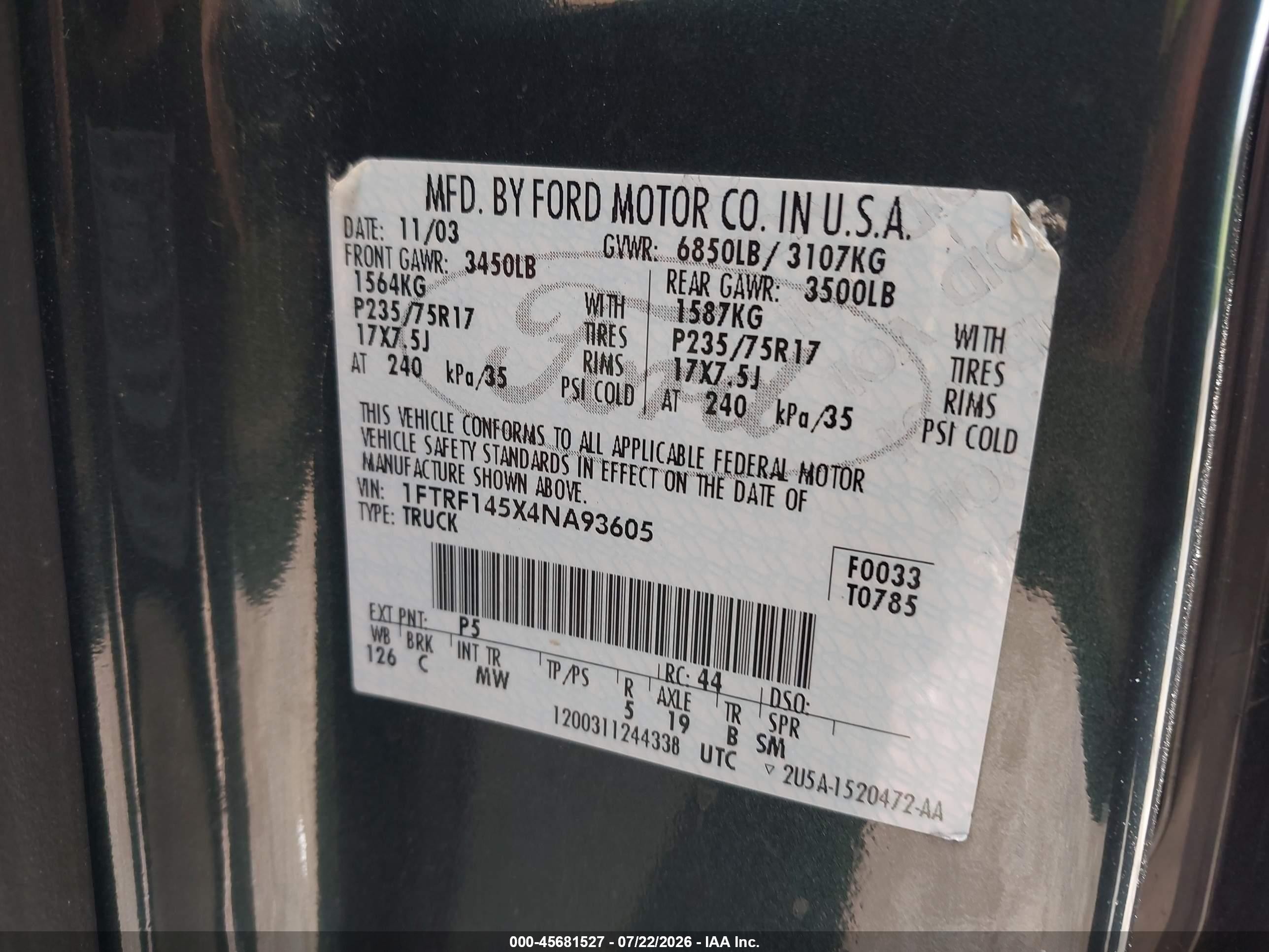 2004 Ford F-150 Fx4/xl/xlt Green vin: 1FTRF145X4NA93605