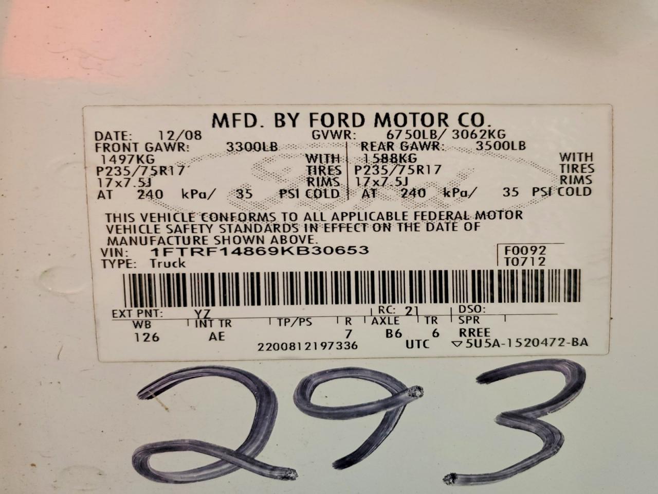 2009 Ford F150 White vin: 1FTRF14869KB30653