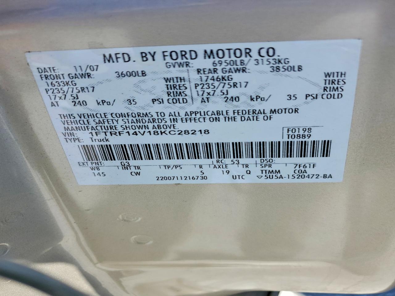 2008 Ford F150 Beige vin: 1FTRF14V18KC28218
