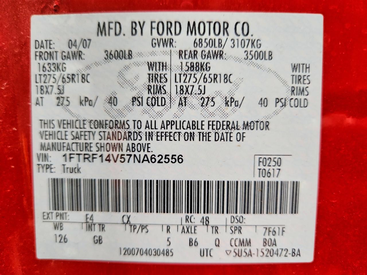 2007 Ford F150 Red vin: 1FTRF14V57NA62556