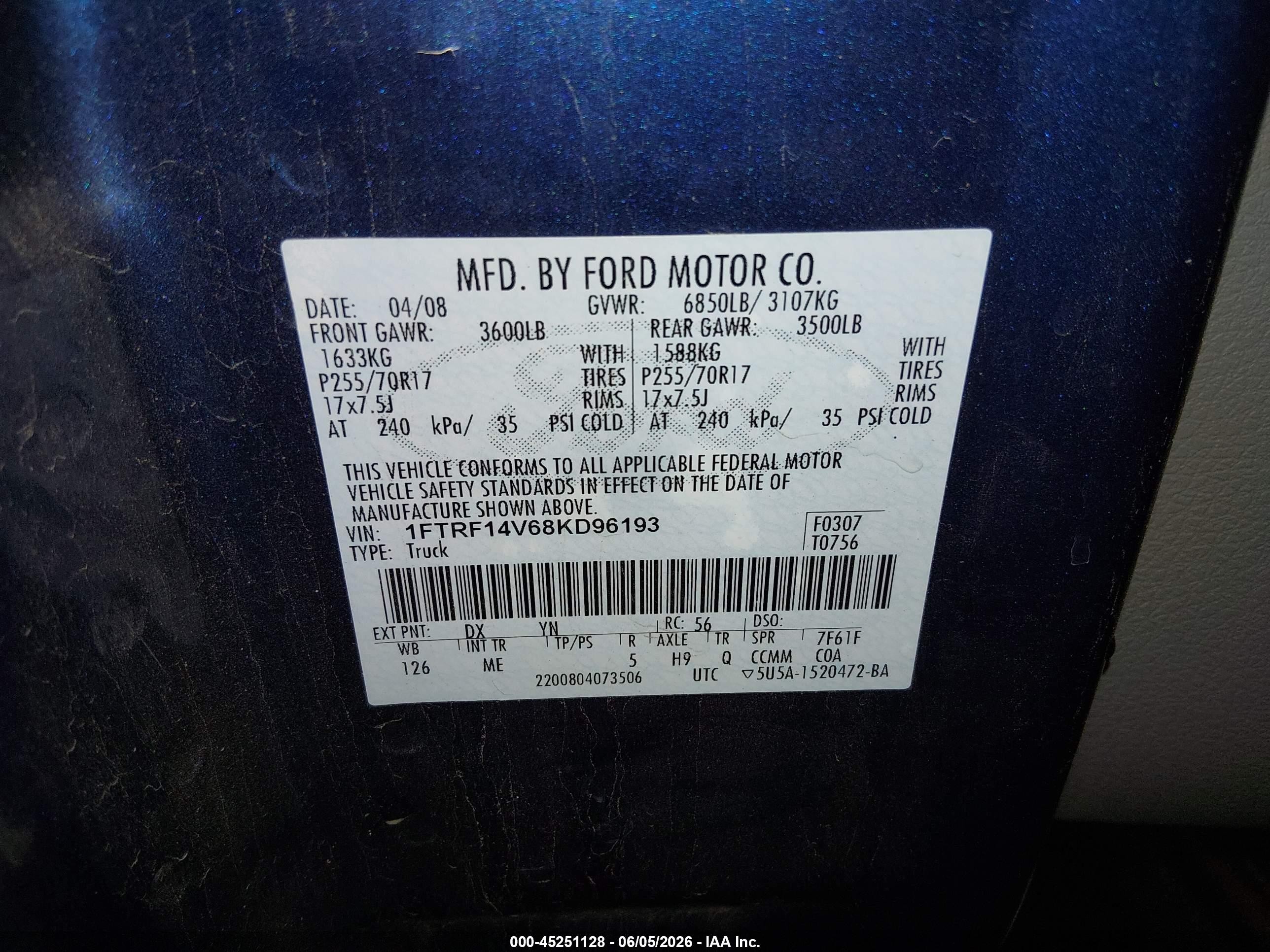 2008 Ford F-150 Fx4/xl/xlt Blue vin: 1FTRF14V68KD96193