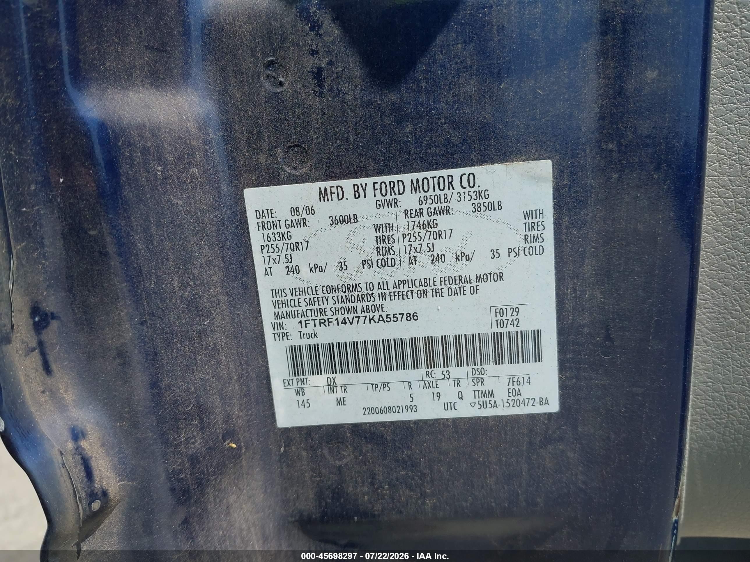 2007 Ford F-150 Fx4/xl/xlt Blue vin: 1FTRF14V77KA55786