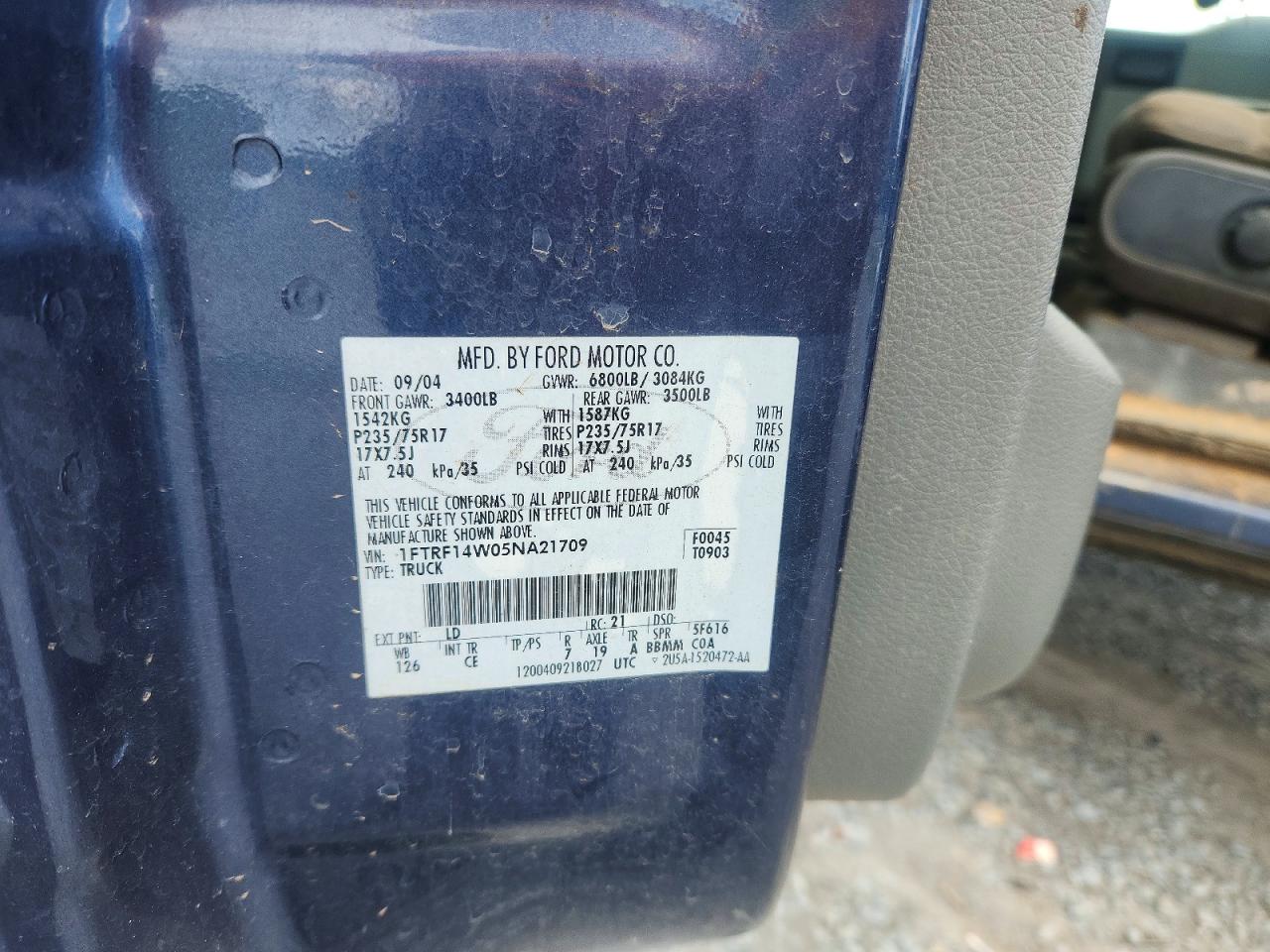 2005 Ford F150 Blue vin: 1FTRF14W05NA21709