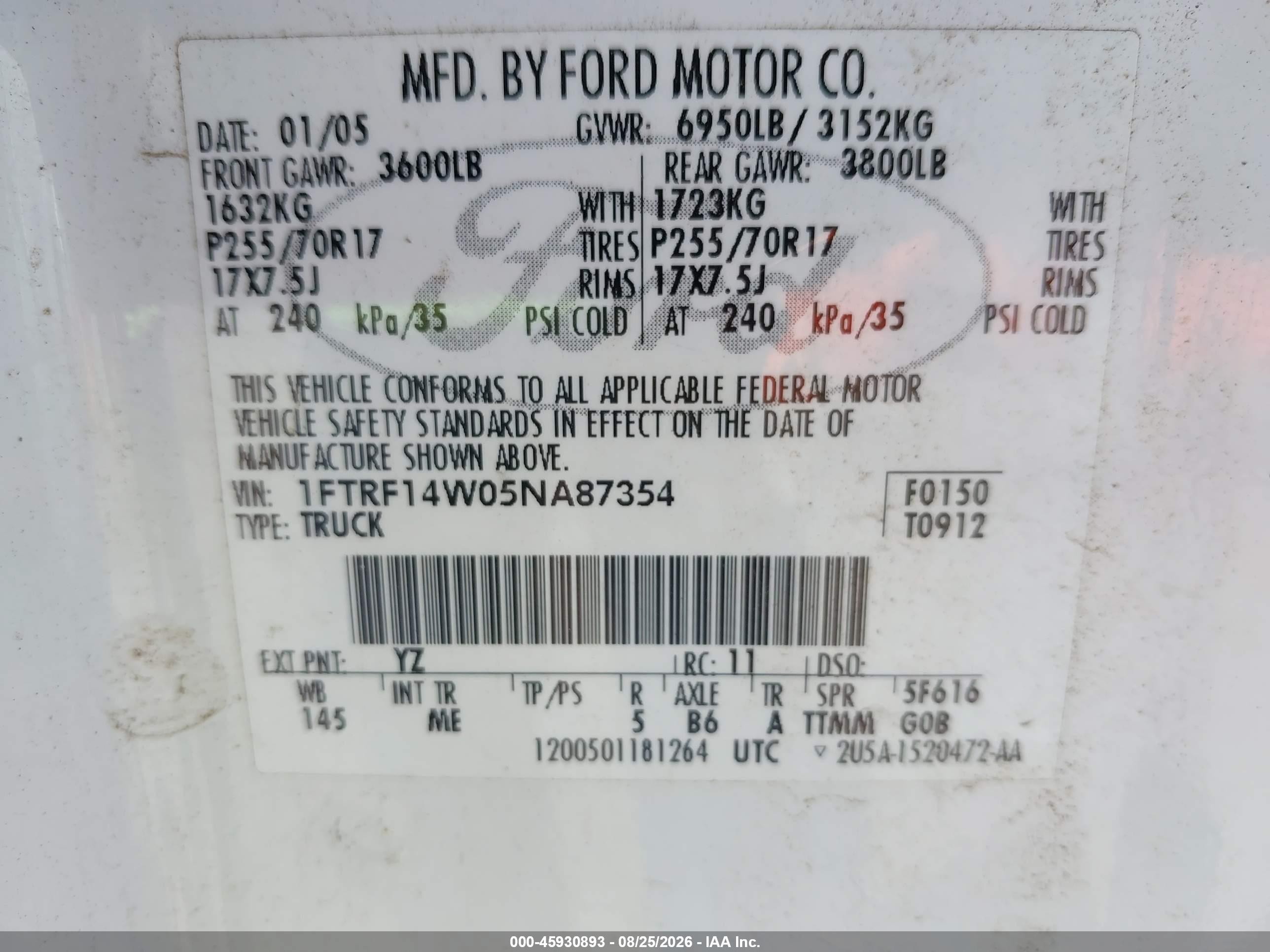 2005 Ford F-150 Stx/xl/xlt Белый vin: 1FTRF14W05NA87354