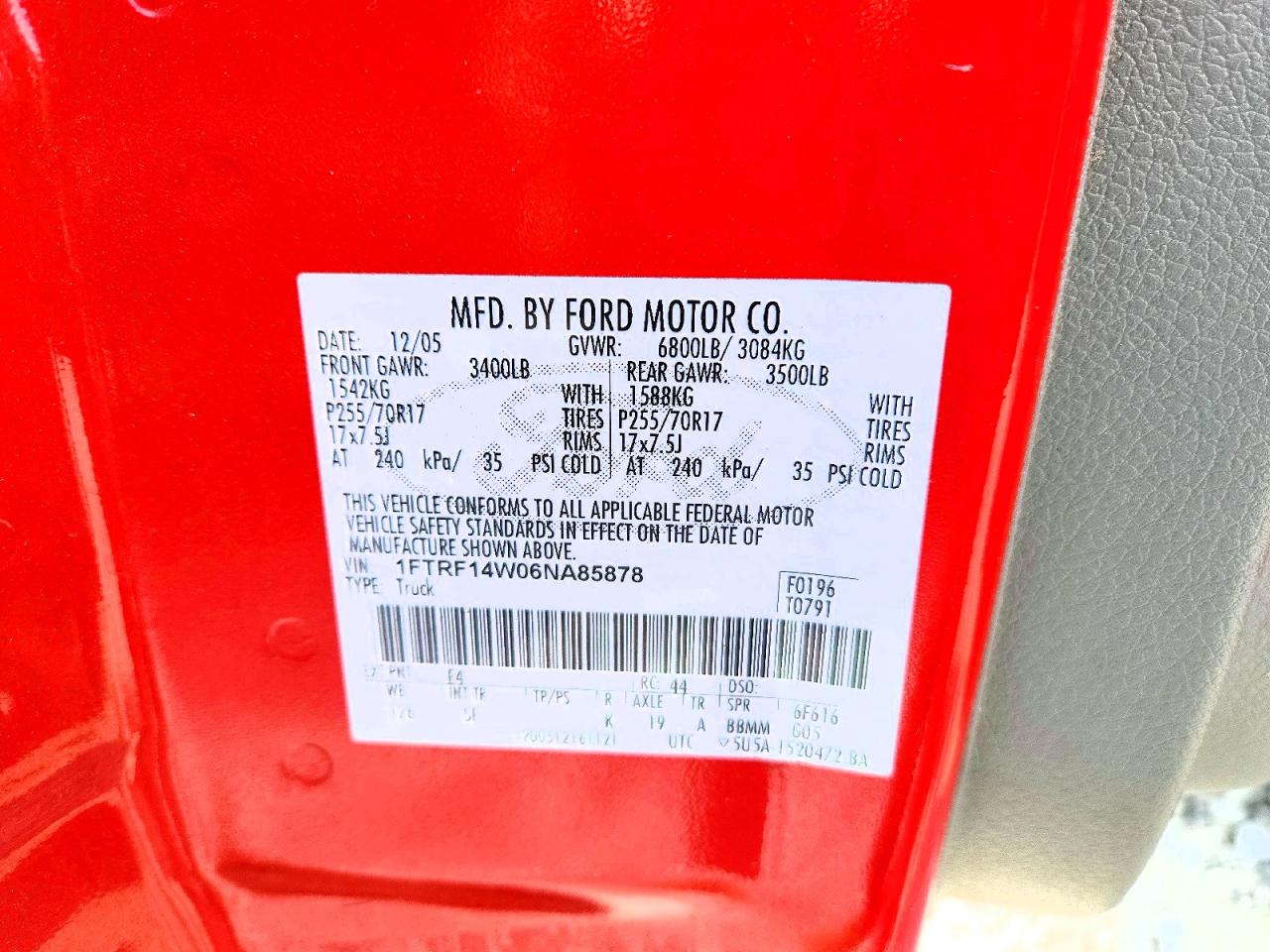 2006 Ford F150 Красный vin: 1FTRF14W06NA85878