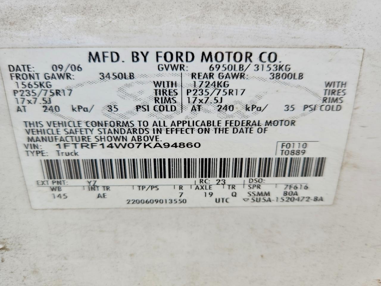 2007 Ford F150 White vin: 1FTRF14W07KA94860