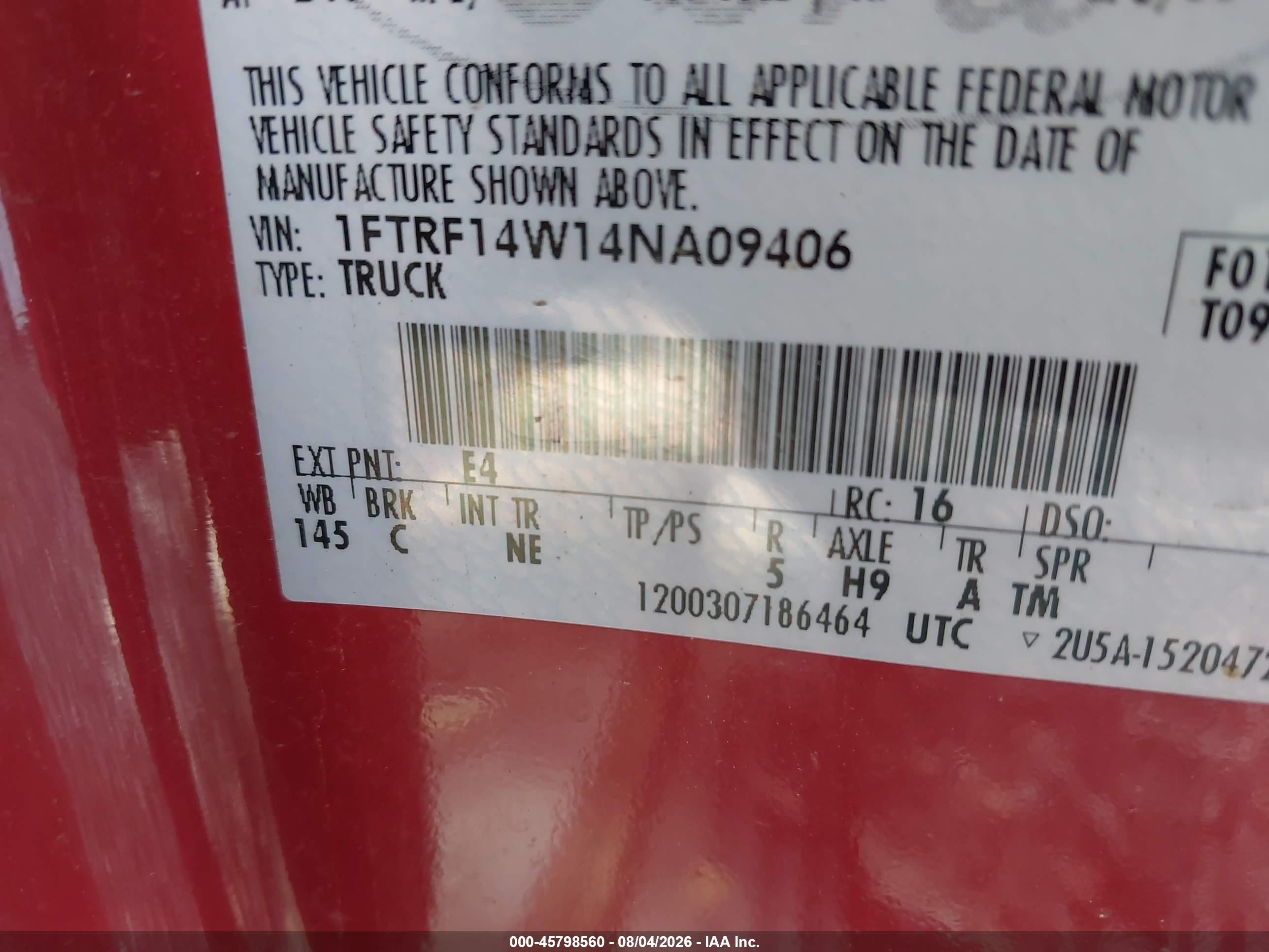 2004 Ford F-150 Stx/xl/xlt Red vin: 1FTRF14W14NA09406