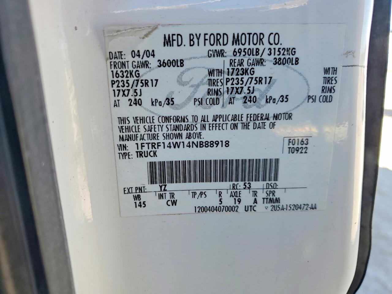 2004 Ford F150 White vin: 1FTRF14W14NB88918