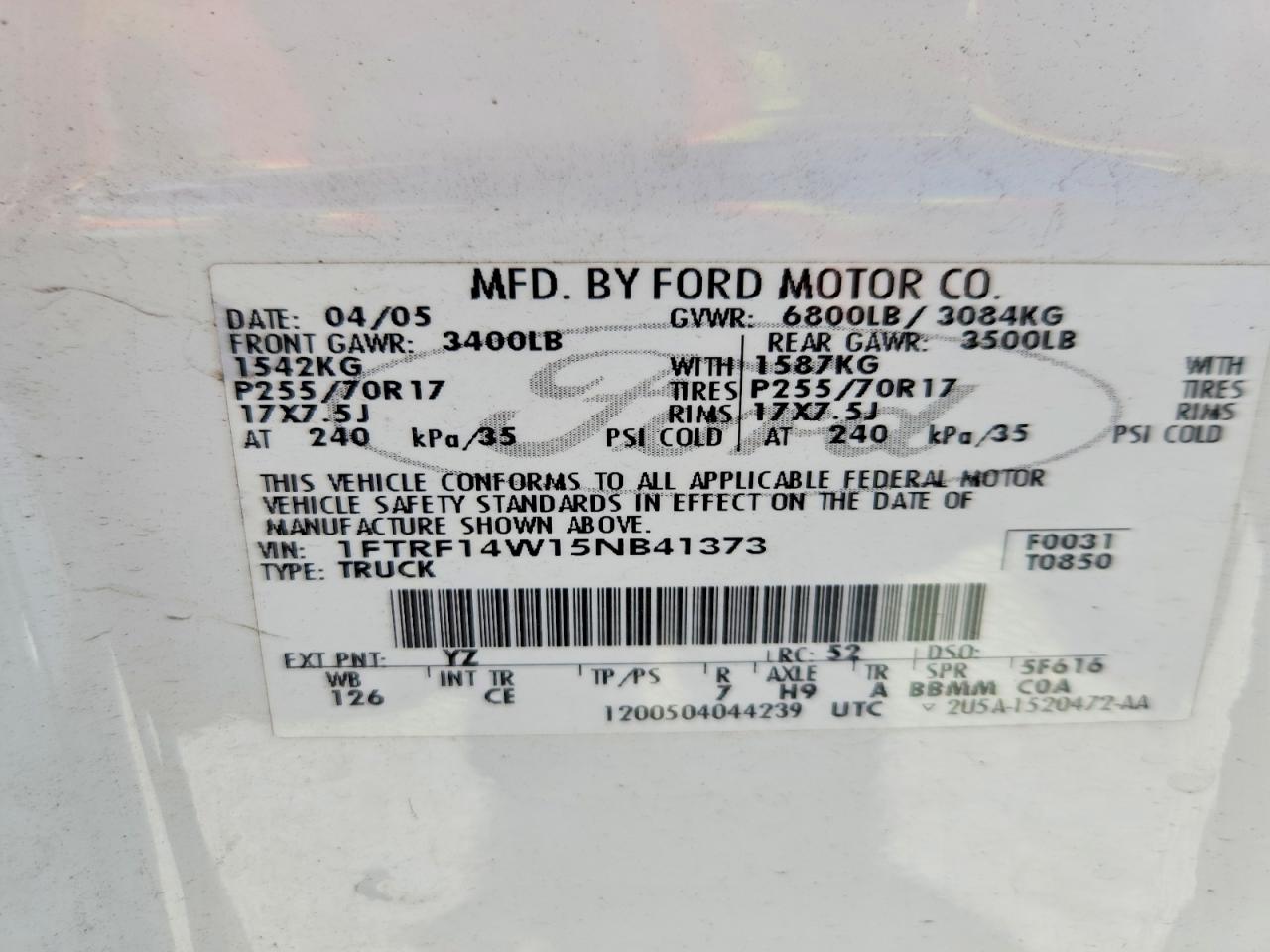 2005 Ford F150 White vin: 1FTRF14W15NB41373