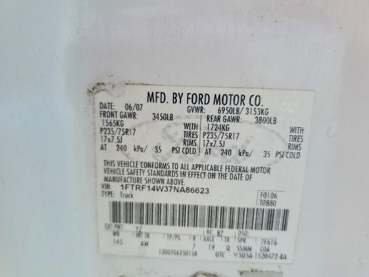 2007 Ford F150 Xl Белый vin: 1FTRF14W37NA86623