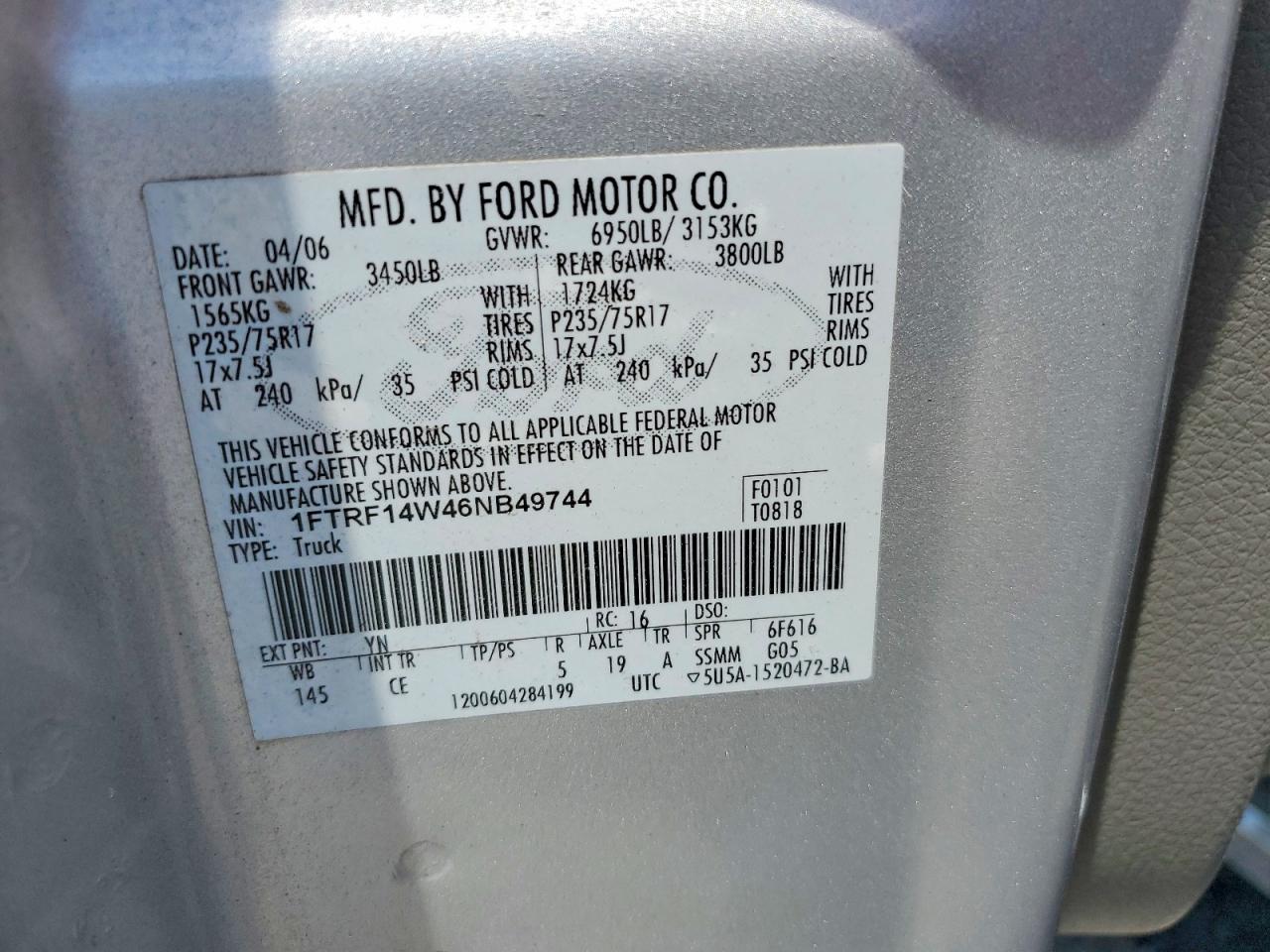 2006 Ford F150 Silver vin: 1FTRF14W46NB49744