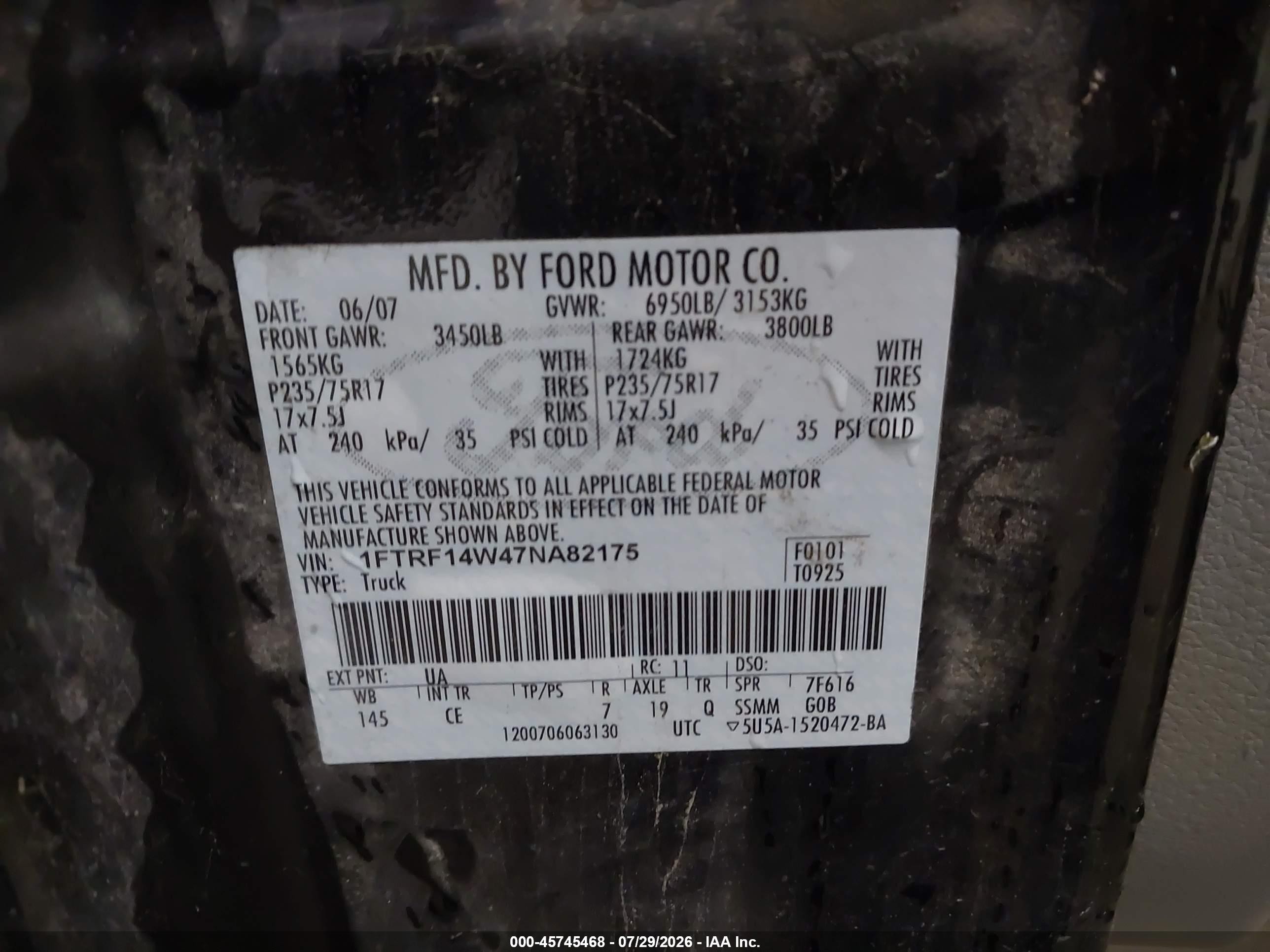2007 Ford F-150 Stx/xl/xlt Black vin: 1FTRF14W47NA82175