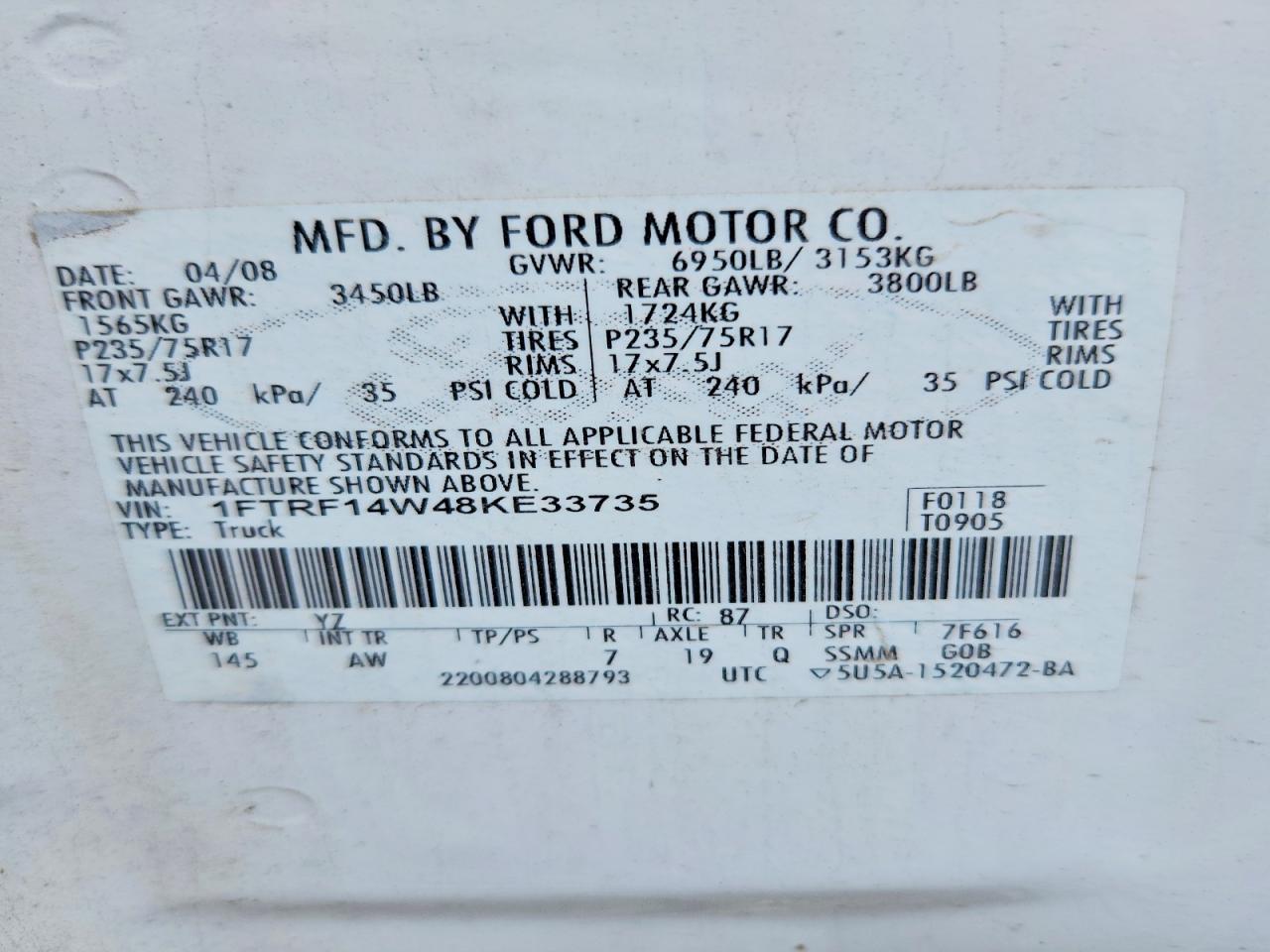2008 Ford F150 White vin: 1FTRF14W48KE33735