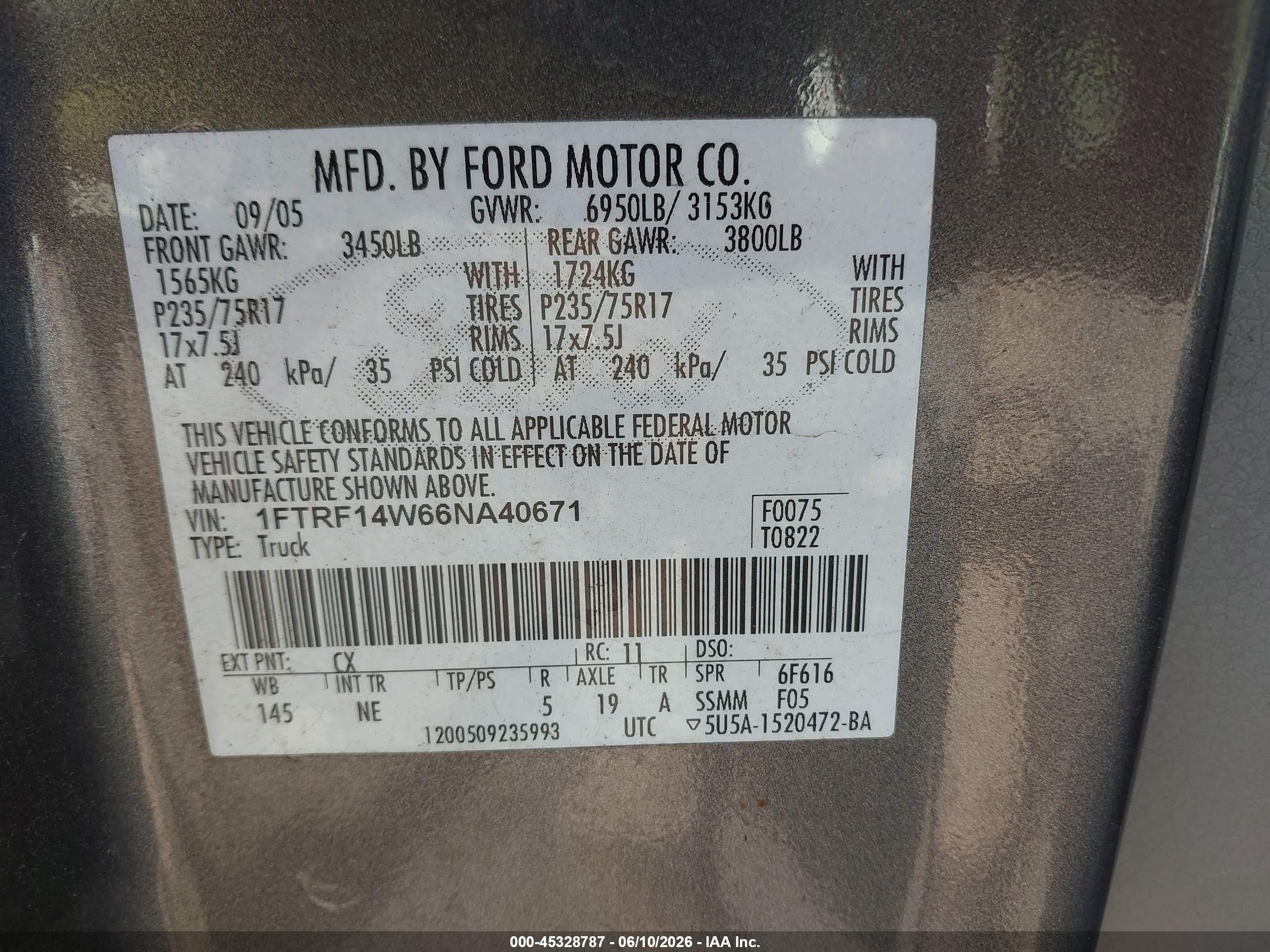 2006 Ford F-150 Stx/xl/xlt Brown vin: 1FTRF14W66NA40671