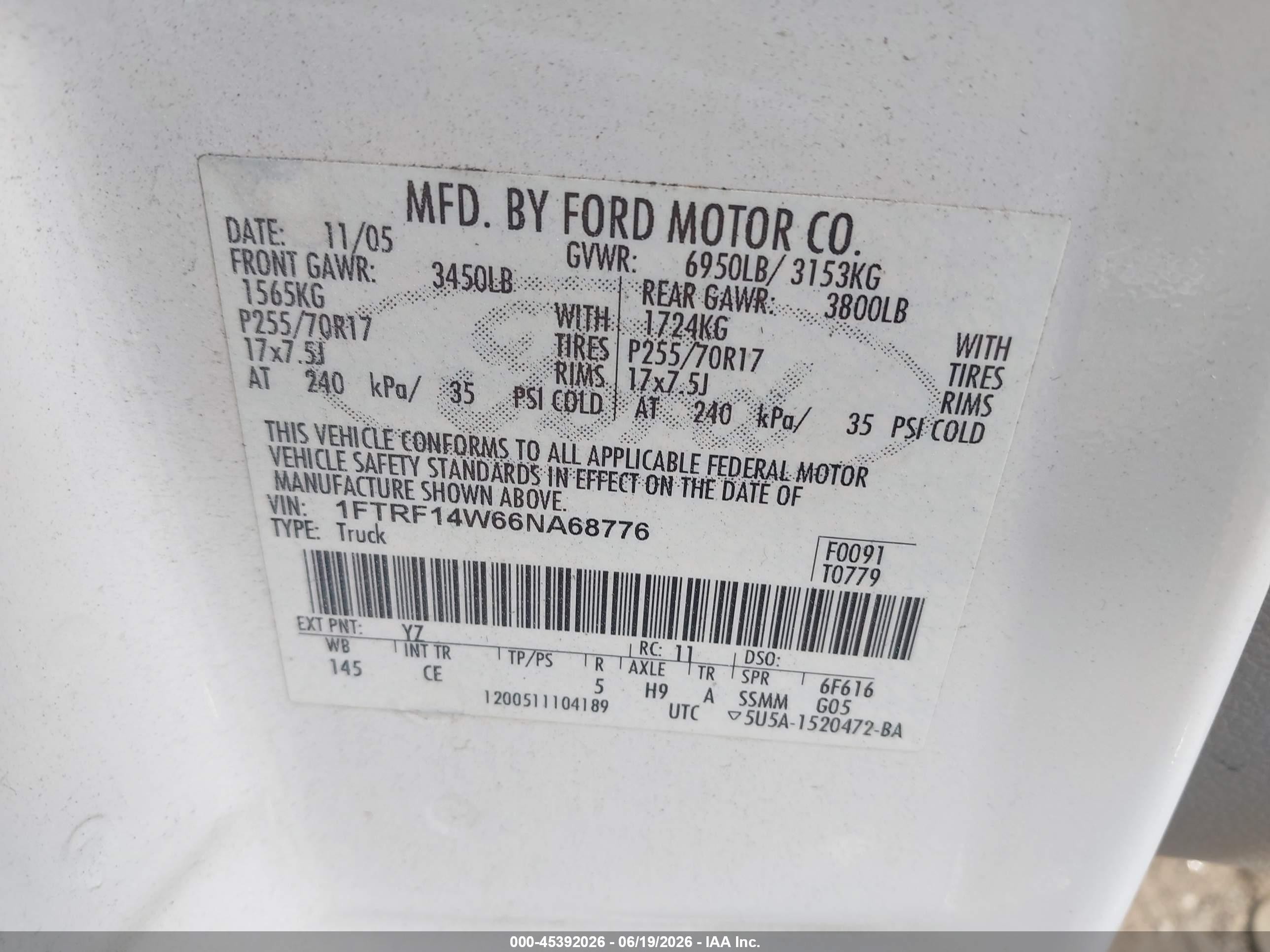 2006 Ford F-150 Stx/xl/xlt Белый vin: 1FTRF14W66NA68776