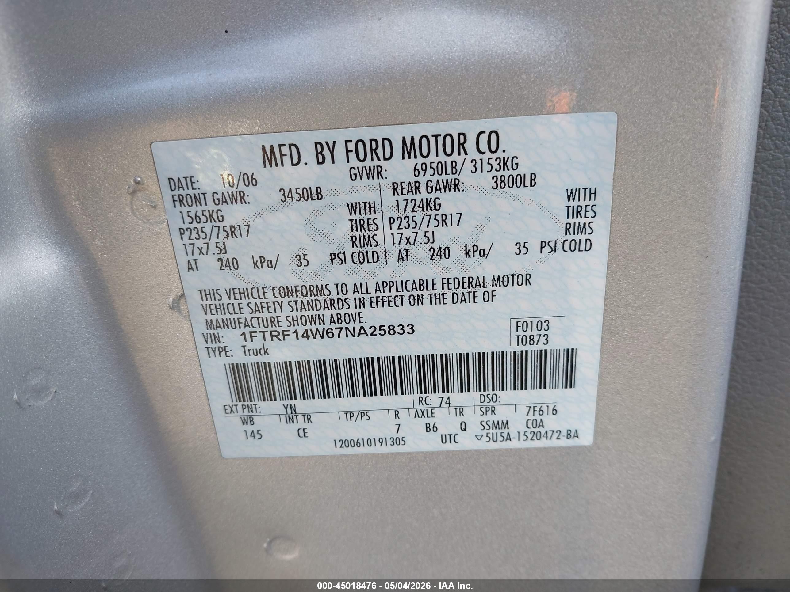 2007 Ford F-150 Stx/xl/xlt Silver vin: 1FTRF14W67NA25833
