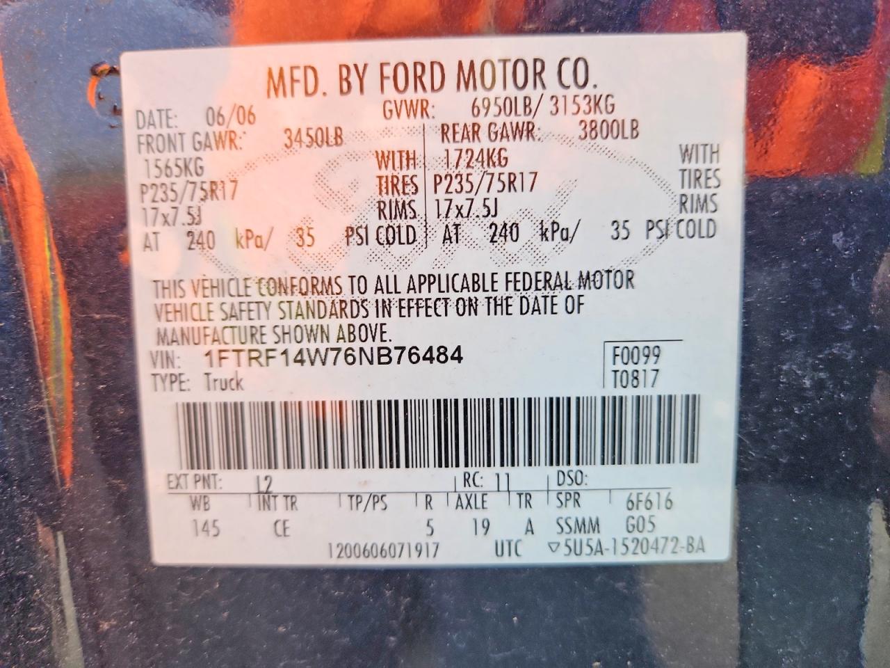 2006 Ford F-150 Blue vin: 1FTRF14W76NB76484