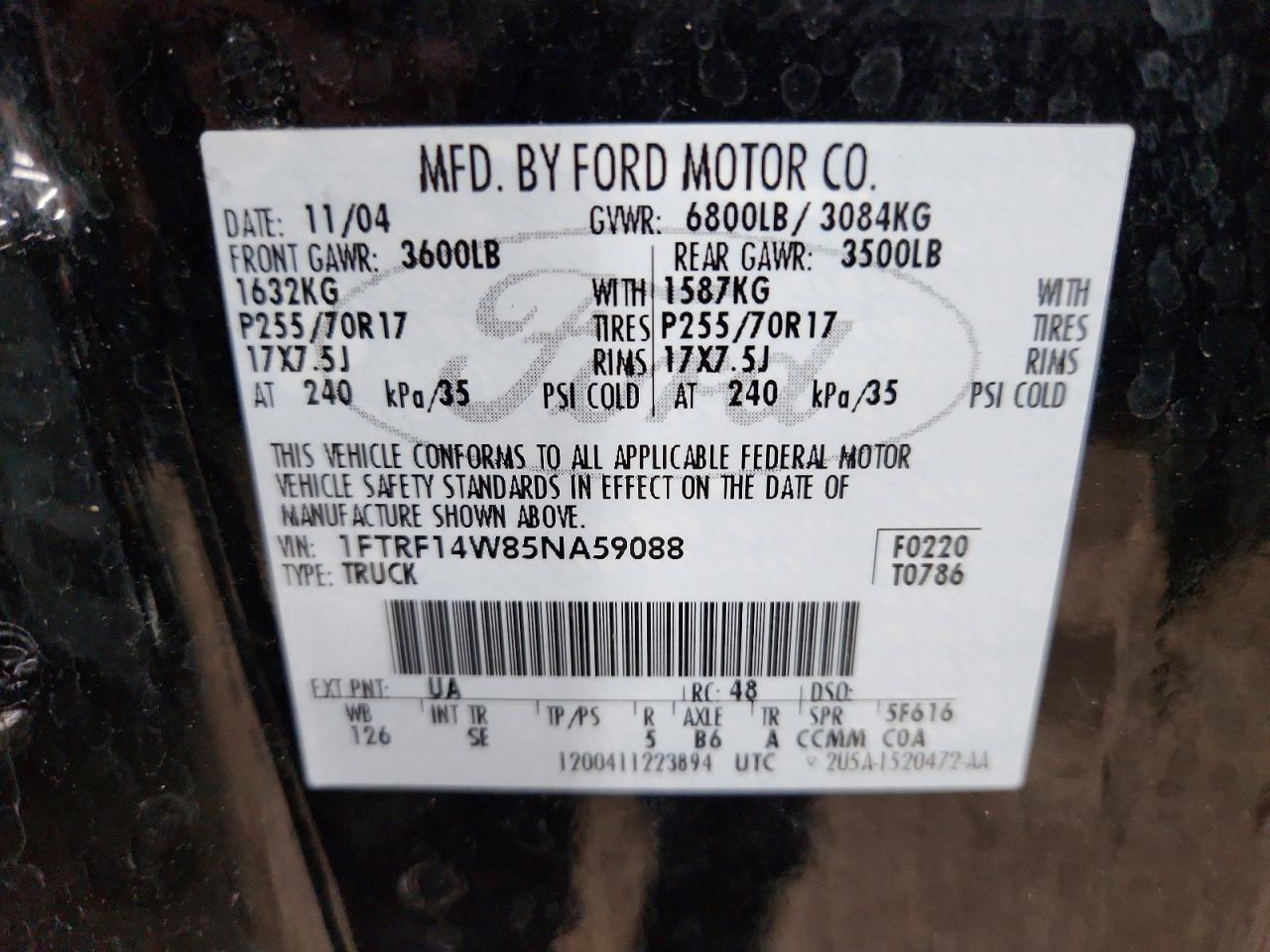 2005 Ford F150 Черный vin: 1FTRF14W85NA59088