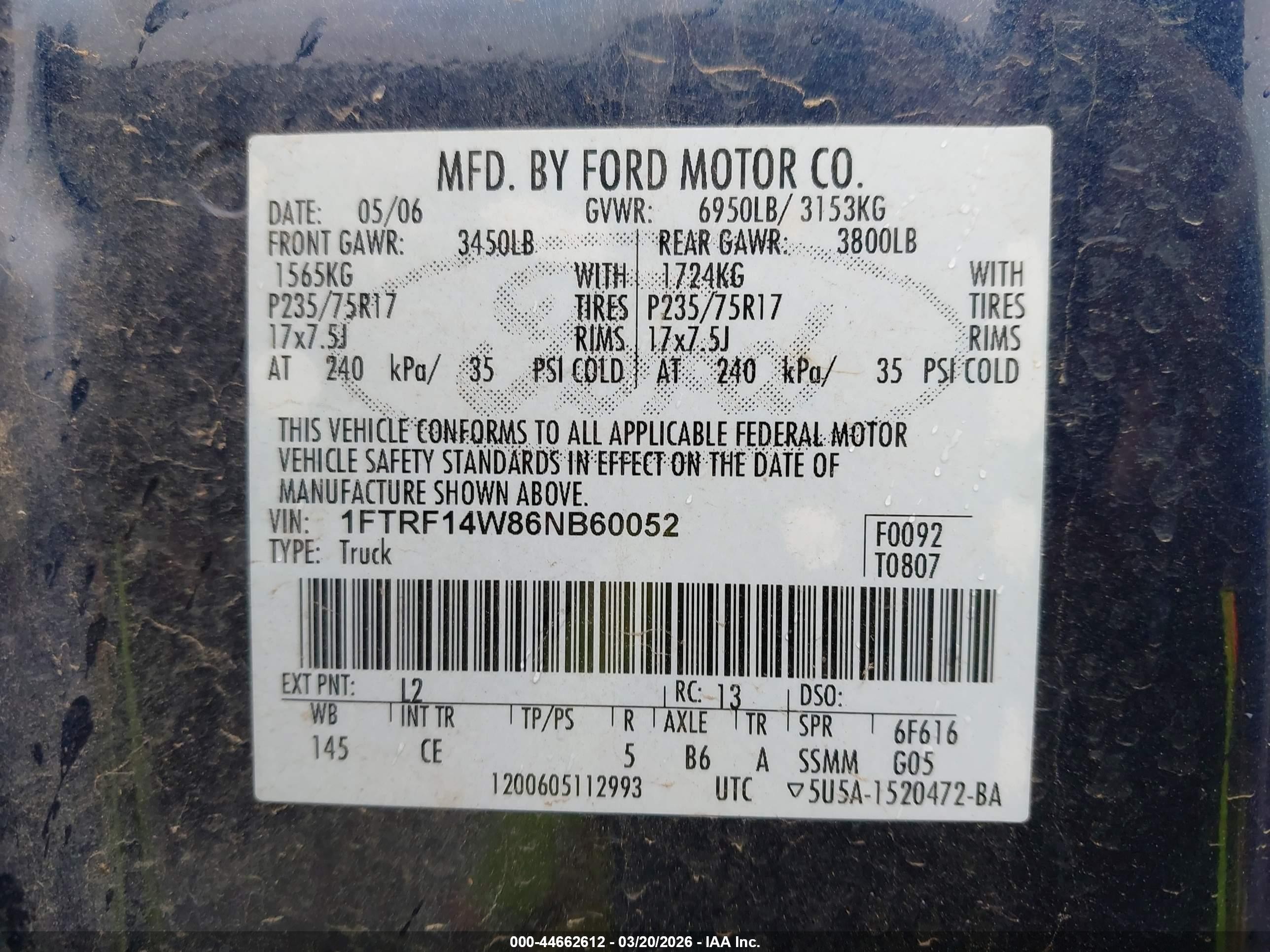 2006 Ford F-150 Stx/xl/xlt Dark Blue vin: 1FTRF14W86NB60052