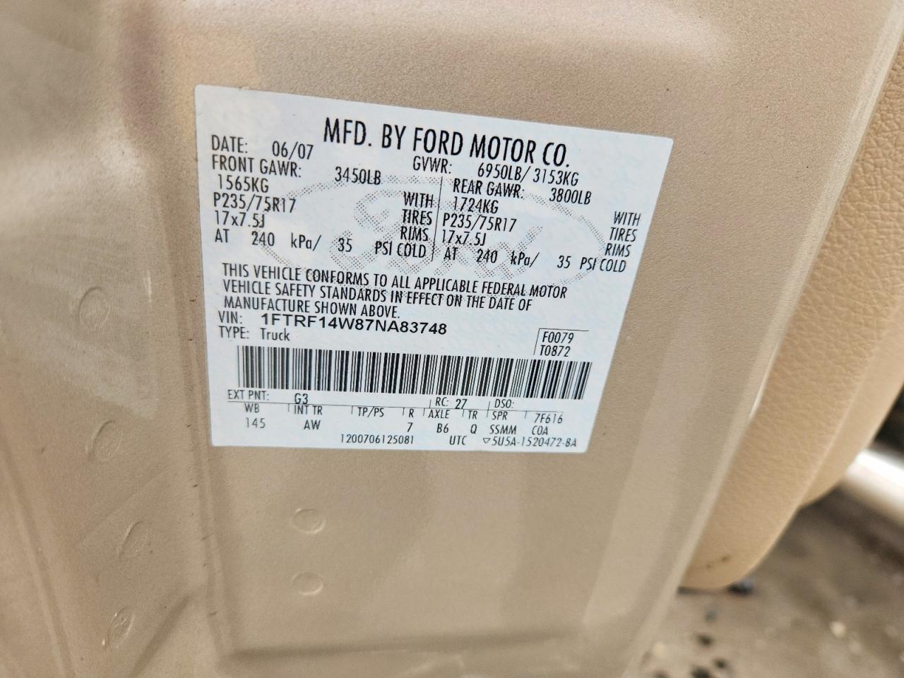 2007 Ford F150 Beige vin: 1FTRF14W87NA83748