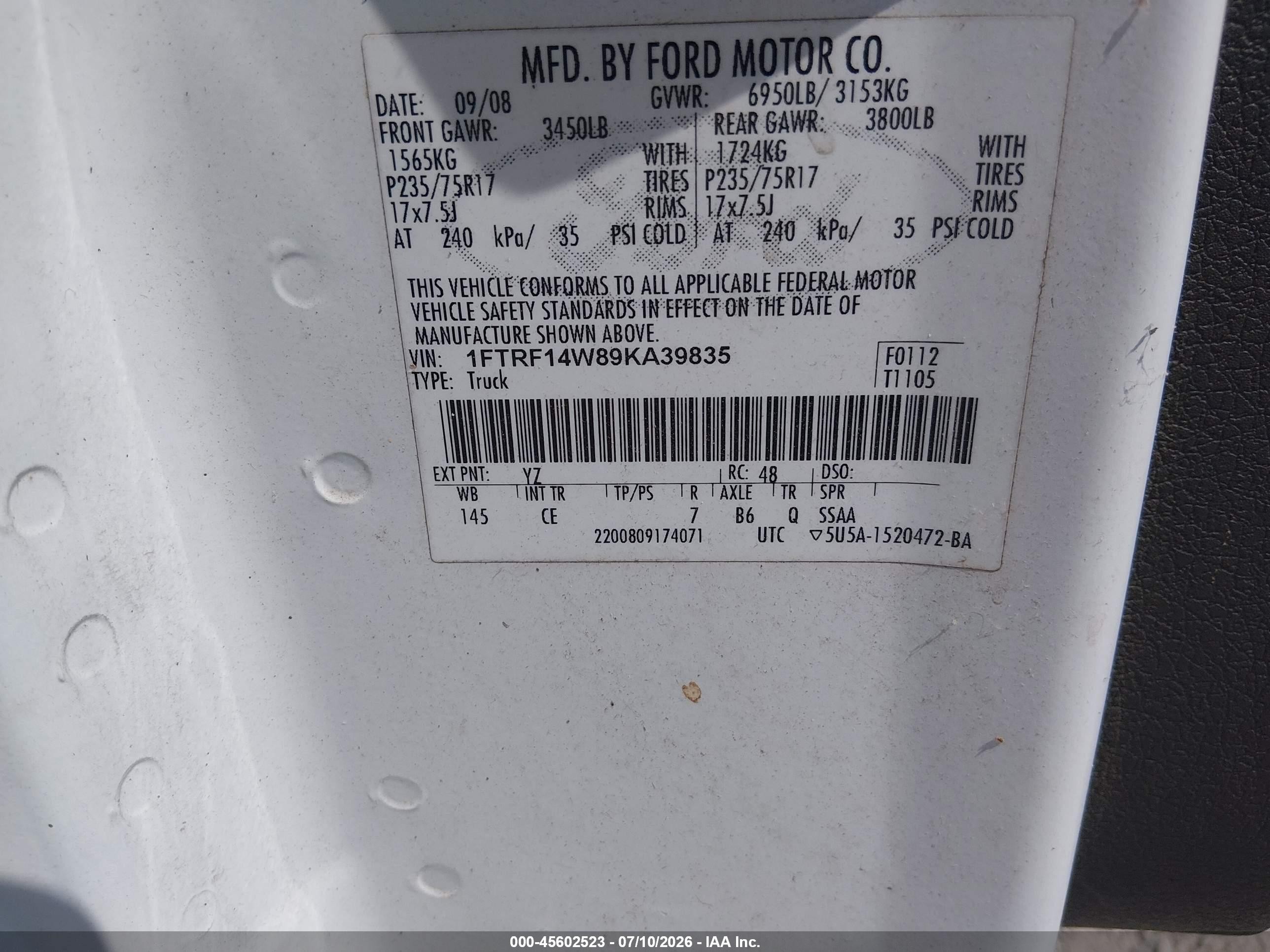 2009 Ford F150   White vin: 1FTRF14W89KA39835