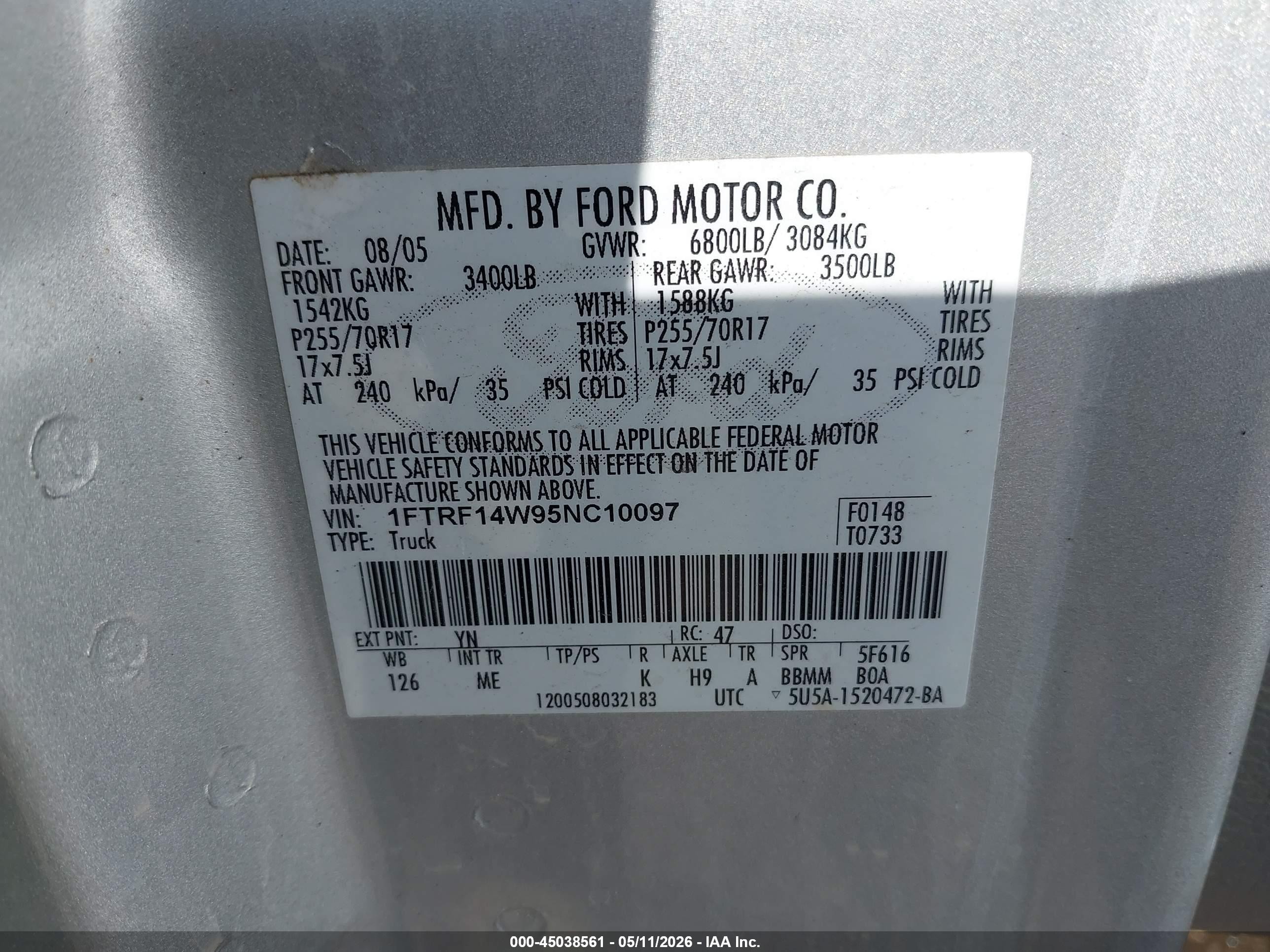 2005 Ford F-150 Stx/xl/xlt Silver vin: 1FTRF14W95NC10097