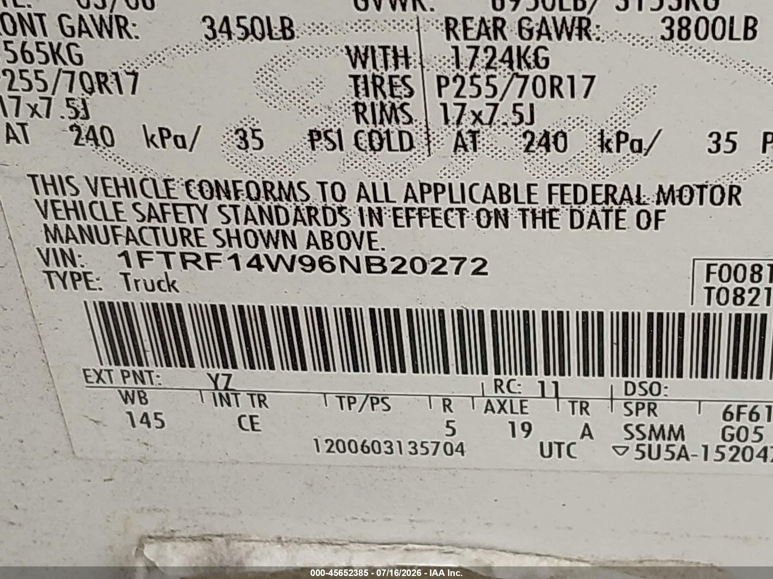 2006 Ford F-150 Stx/xl/xlt White vin: 1FTRF14W96NB20272
