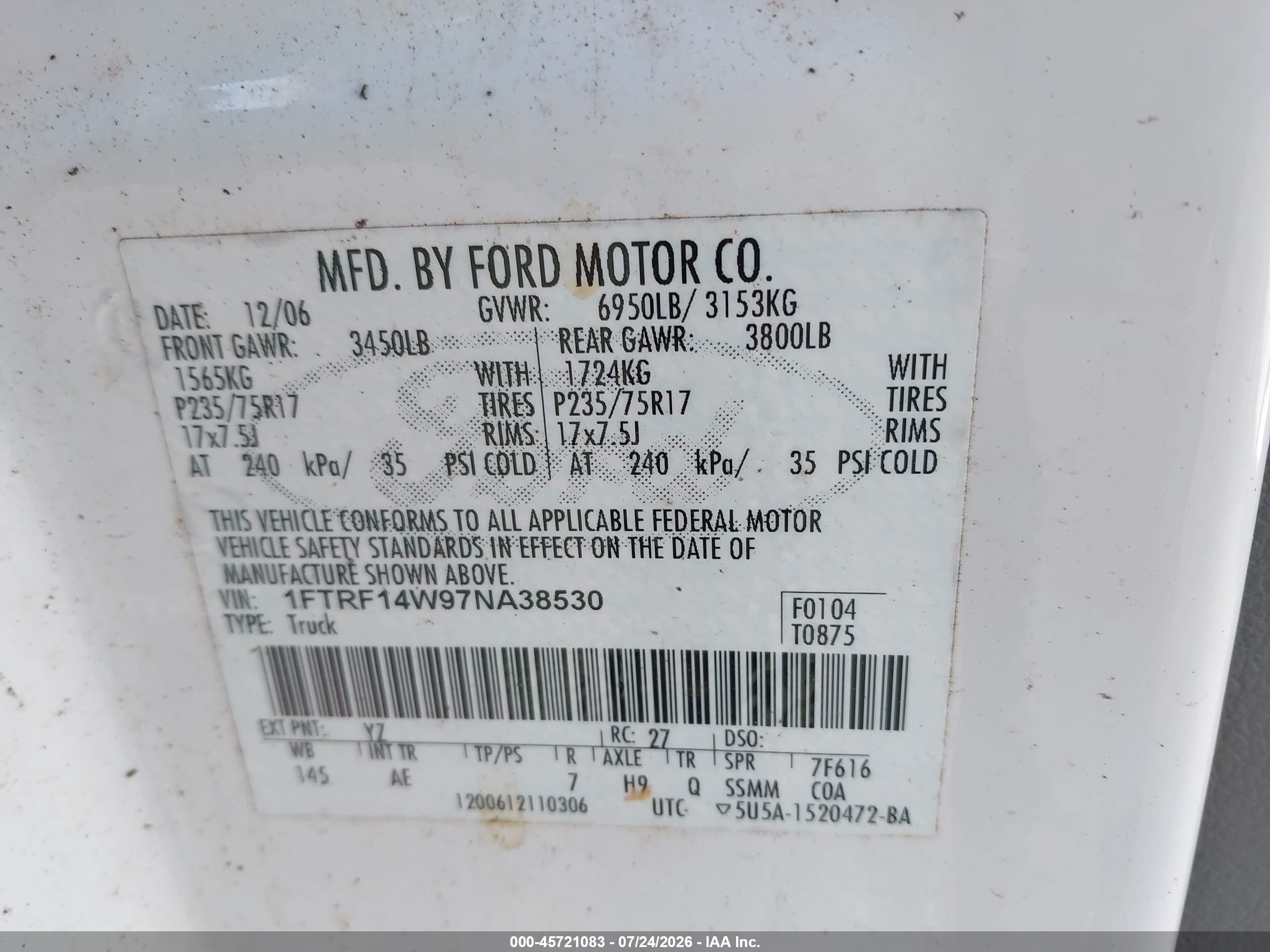 2007 Ford F-150 Stx/xl/xlt White vin: 1FTRF14W97NA38530