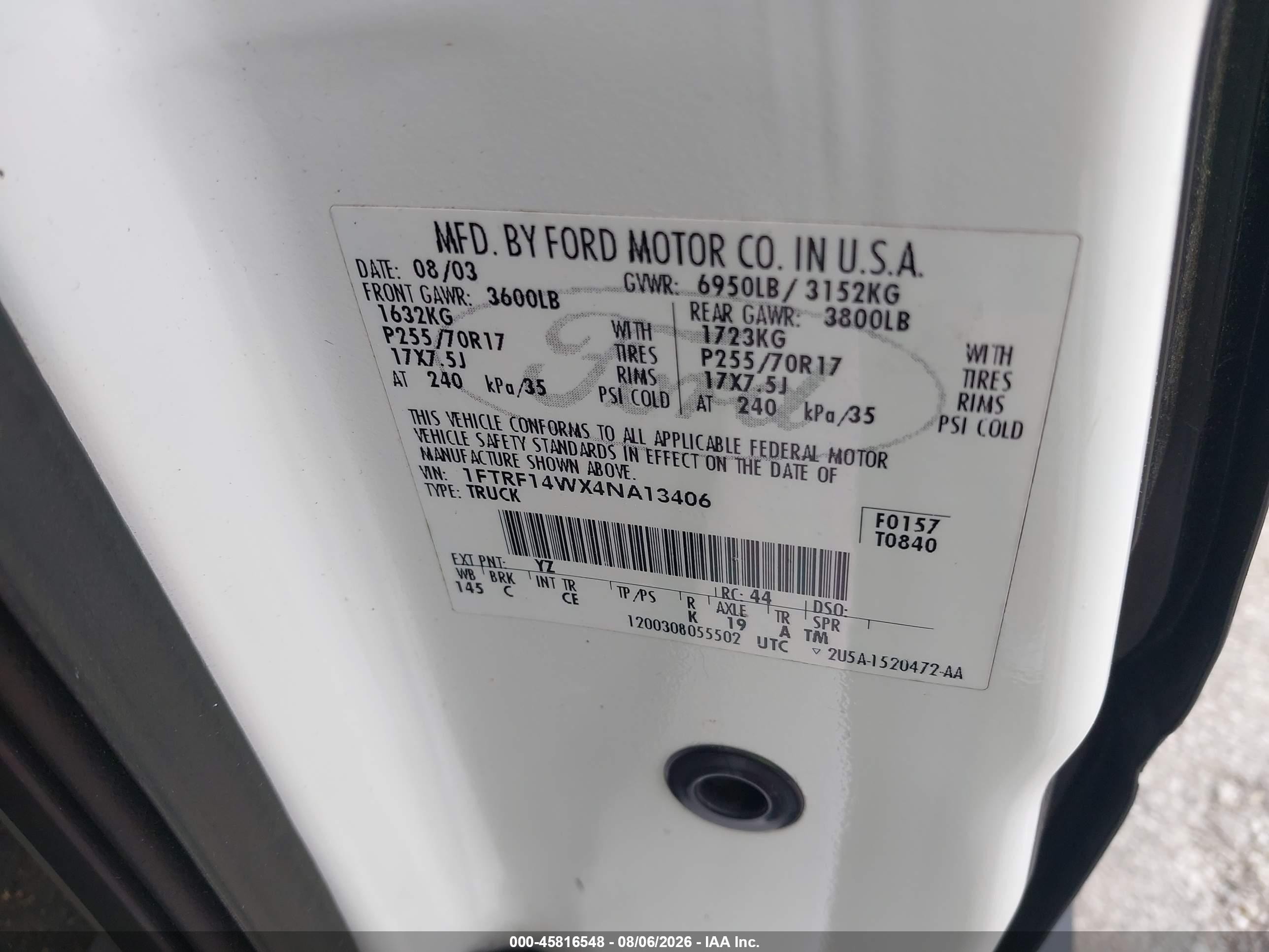 2004 Ford F-150 Stx/xl/xlt White vin: 1FTRF14WX4NA13406