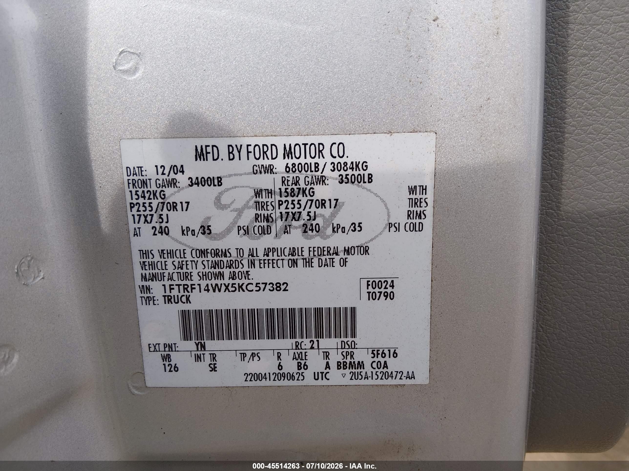 2005 Ford F-150 Stx/xl/xlt Silver vin: 1FTRF14WX5KC57382