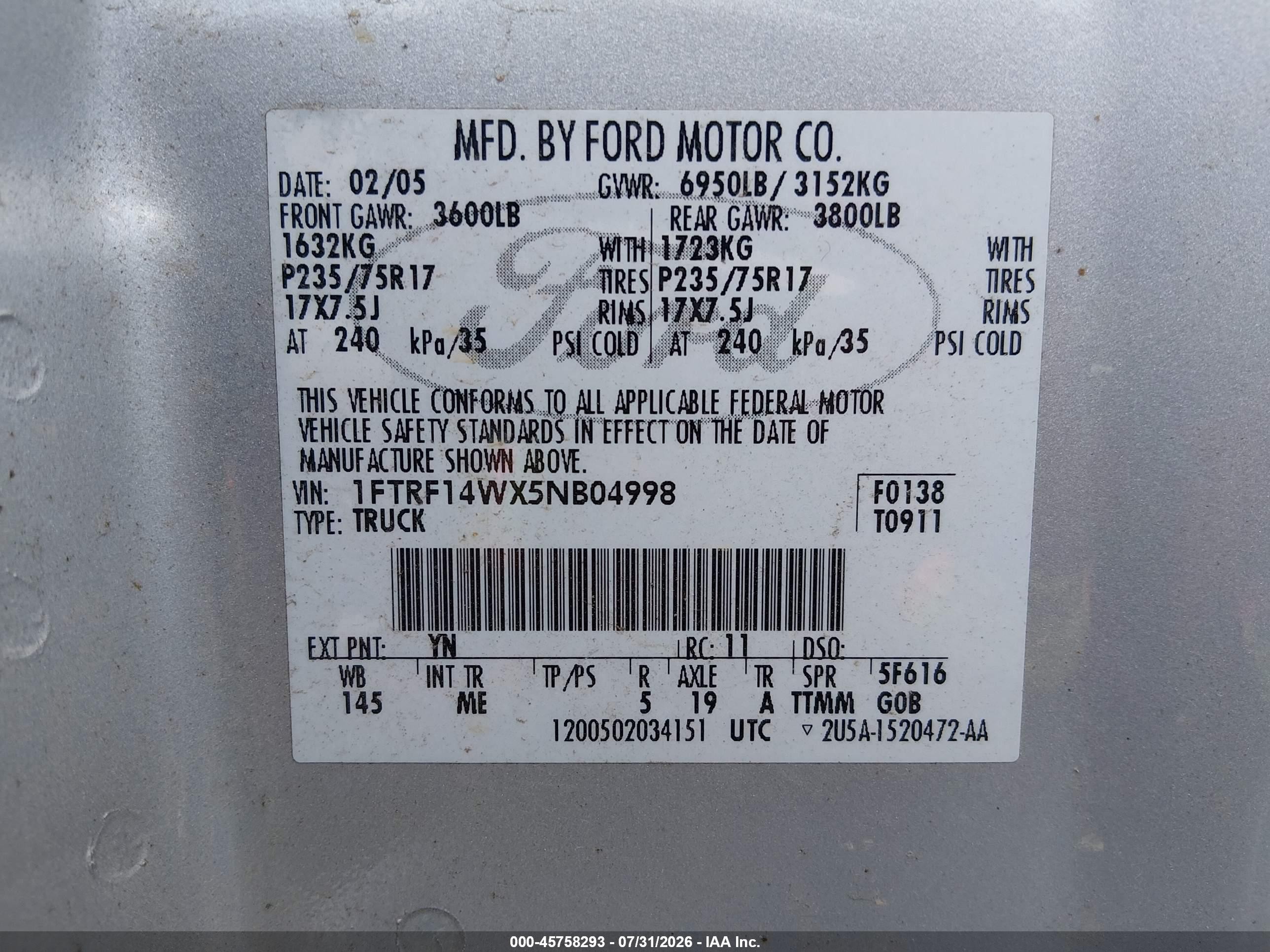 2005 Ford F-150 Stx/xl/xlt Silver vin: 1FTRF14WX5NB04998