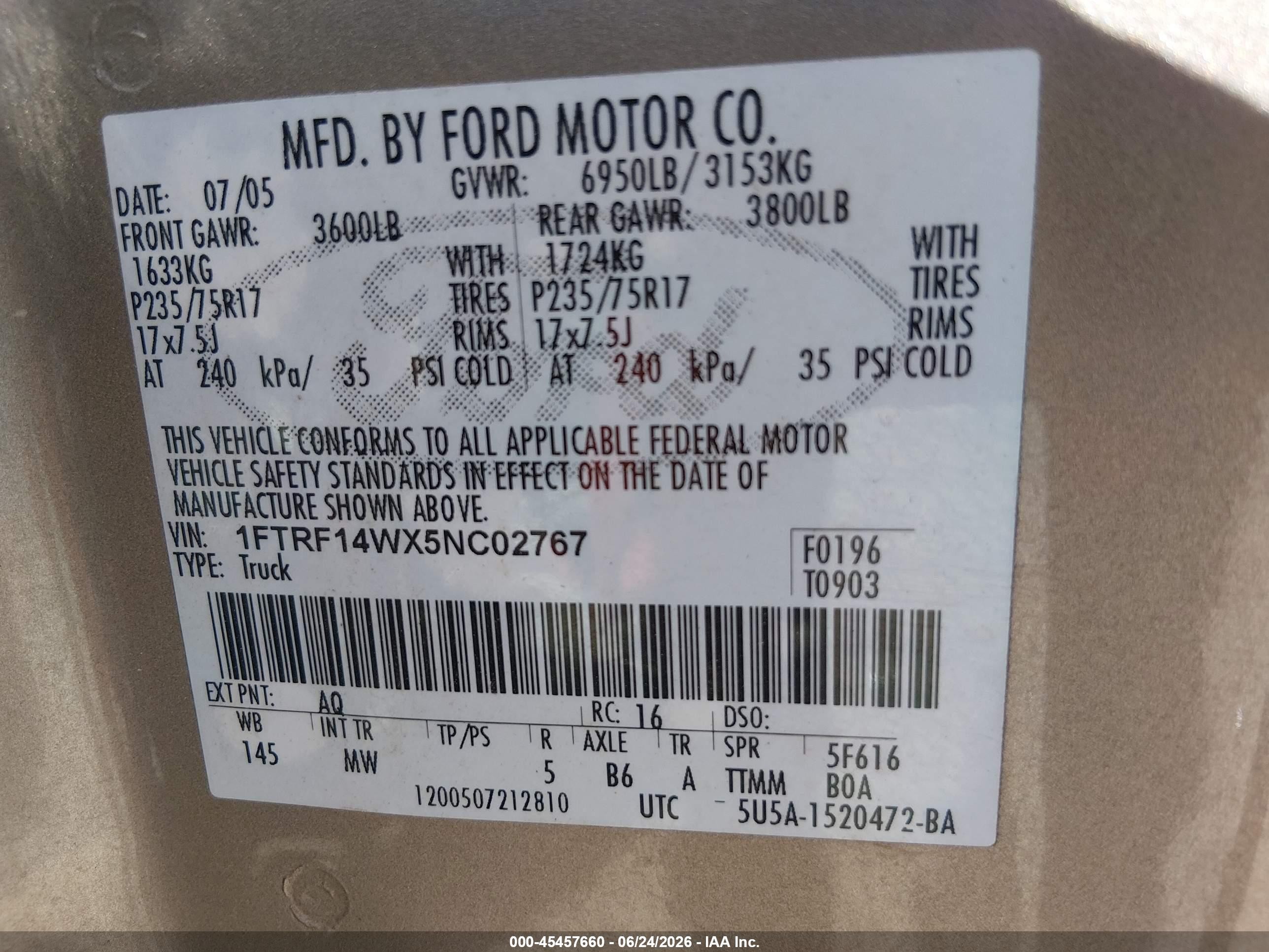 2005 Ford F-150 Stx/xl/xlt Tan vin: 1FTRF14WX5NC02767
