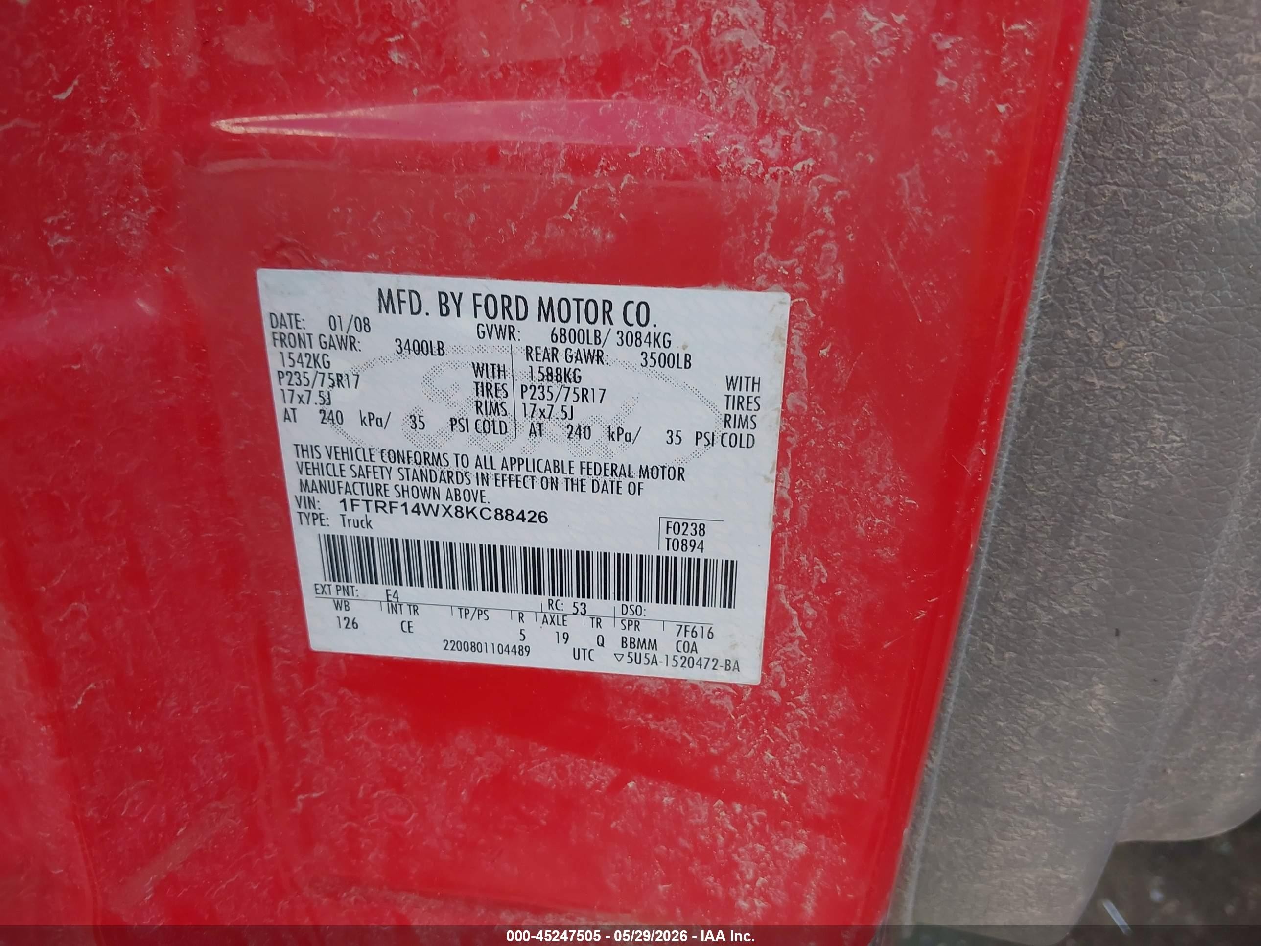 2008 Ford F-150 Stx/xl/xlt Red vin: 1FTRF14WX8KC88426