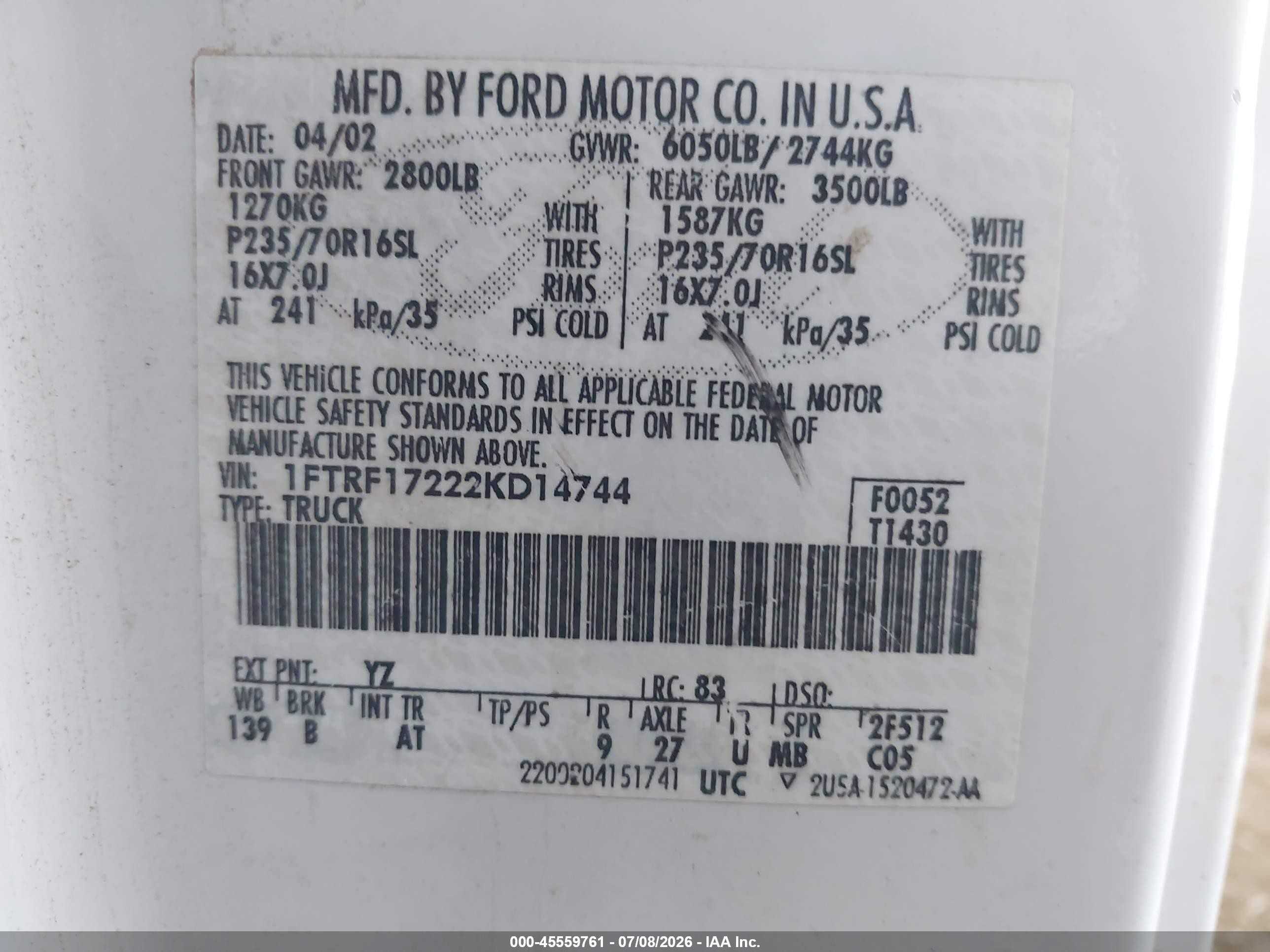 2002 Ford F-150 Xl/xlt White vin: 1FTRF17222KD14744