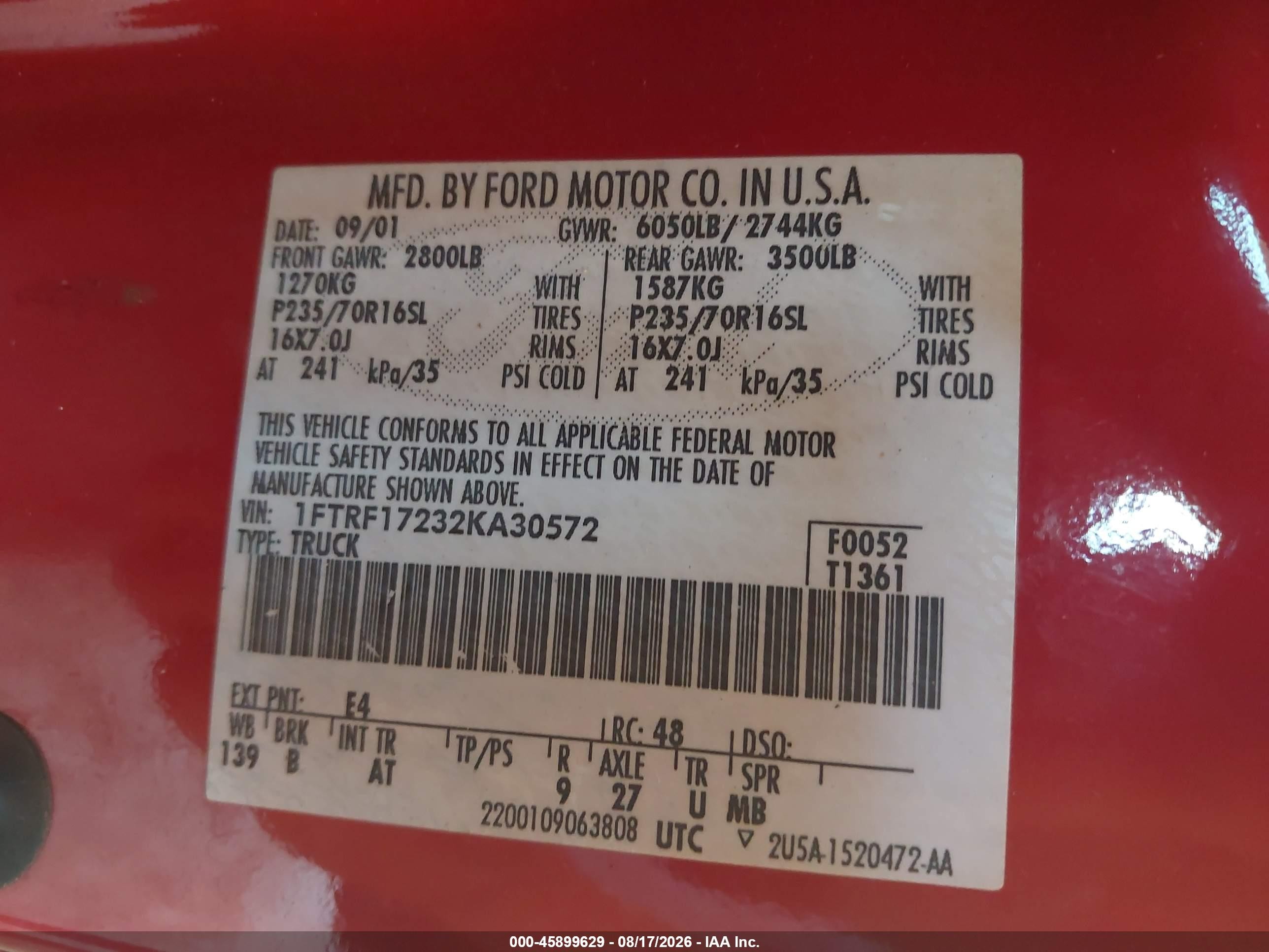 2002 Ford F-150 Xl/xlt Red vin: 1FTRF17232KA30572