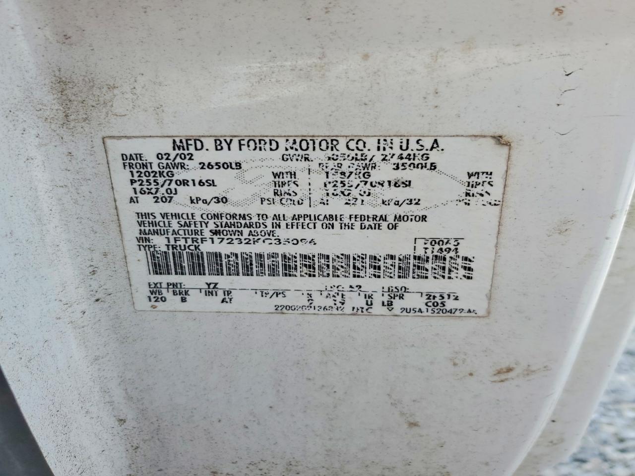 2002 Ford F150 Белый vin: 1FTRF17232KC35096