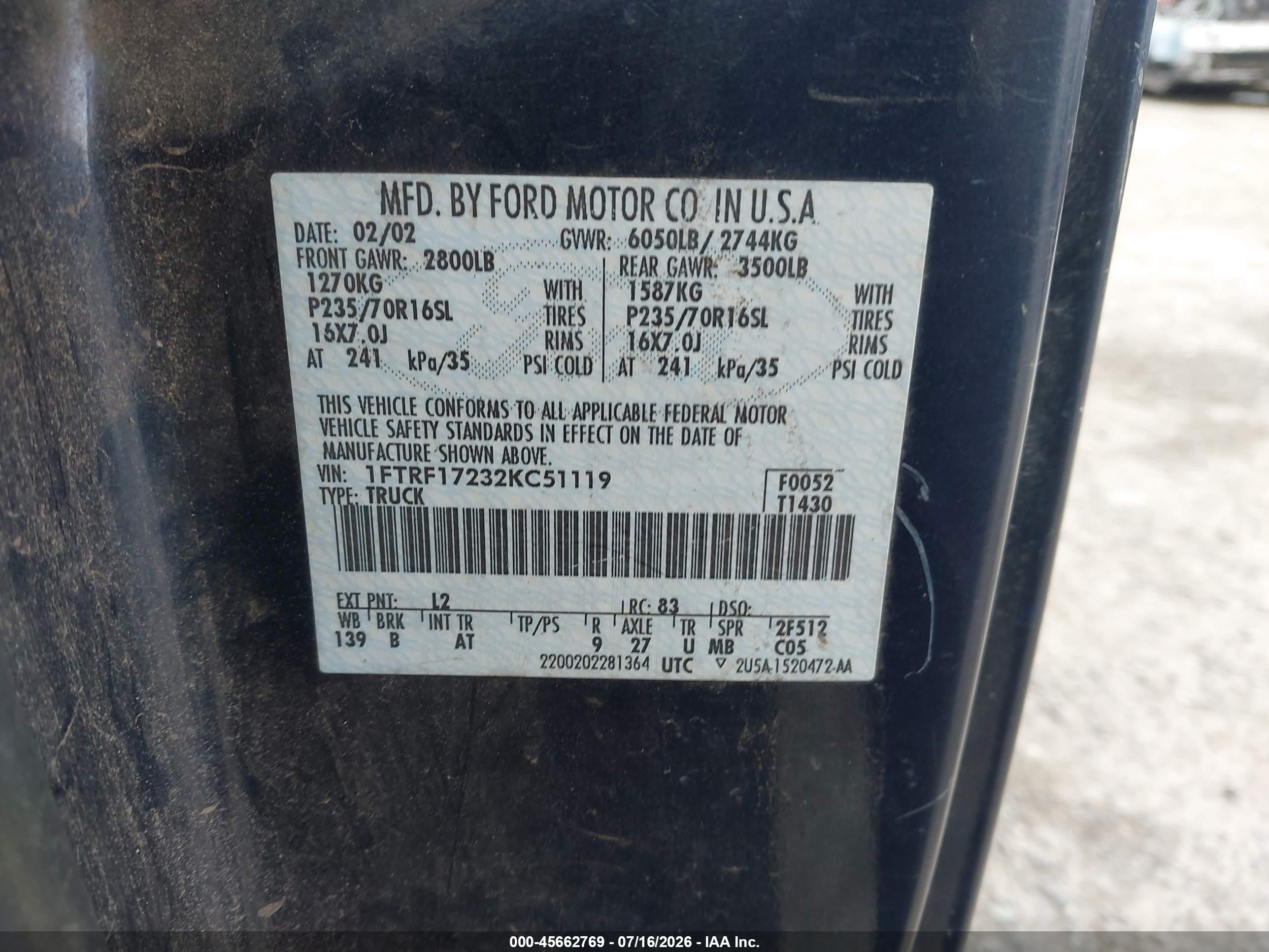 2002 Ford F-150 Xl/xlt Blue vin: 1FTRF17232KC51119