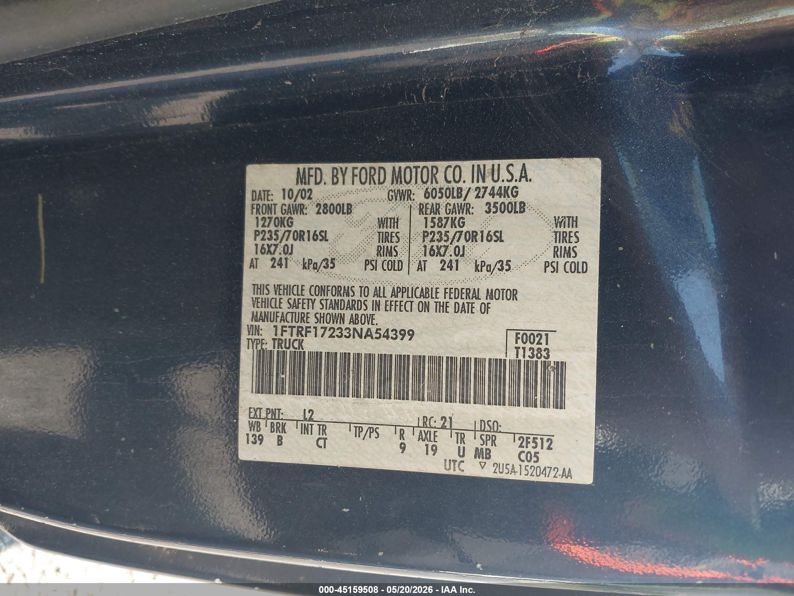 2003 Ford F-150 Xl/xlt Dark Blue vin: 1FTRF17233NA54399