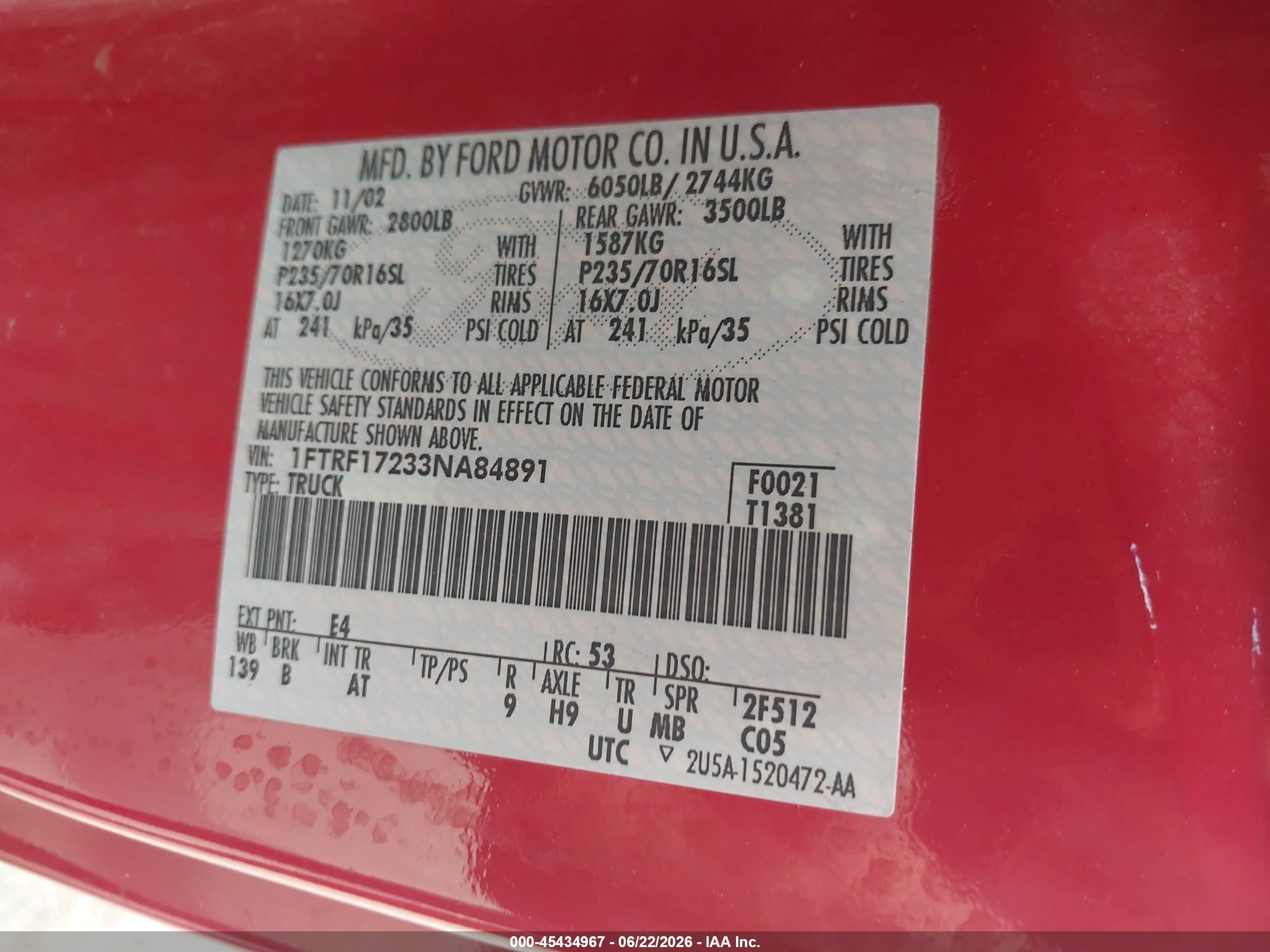 2003 Ford F-150 Xl/xlt Красный vin: 1FTRF17233NA84891