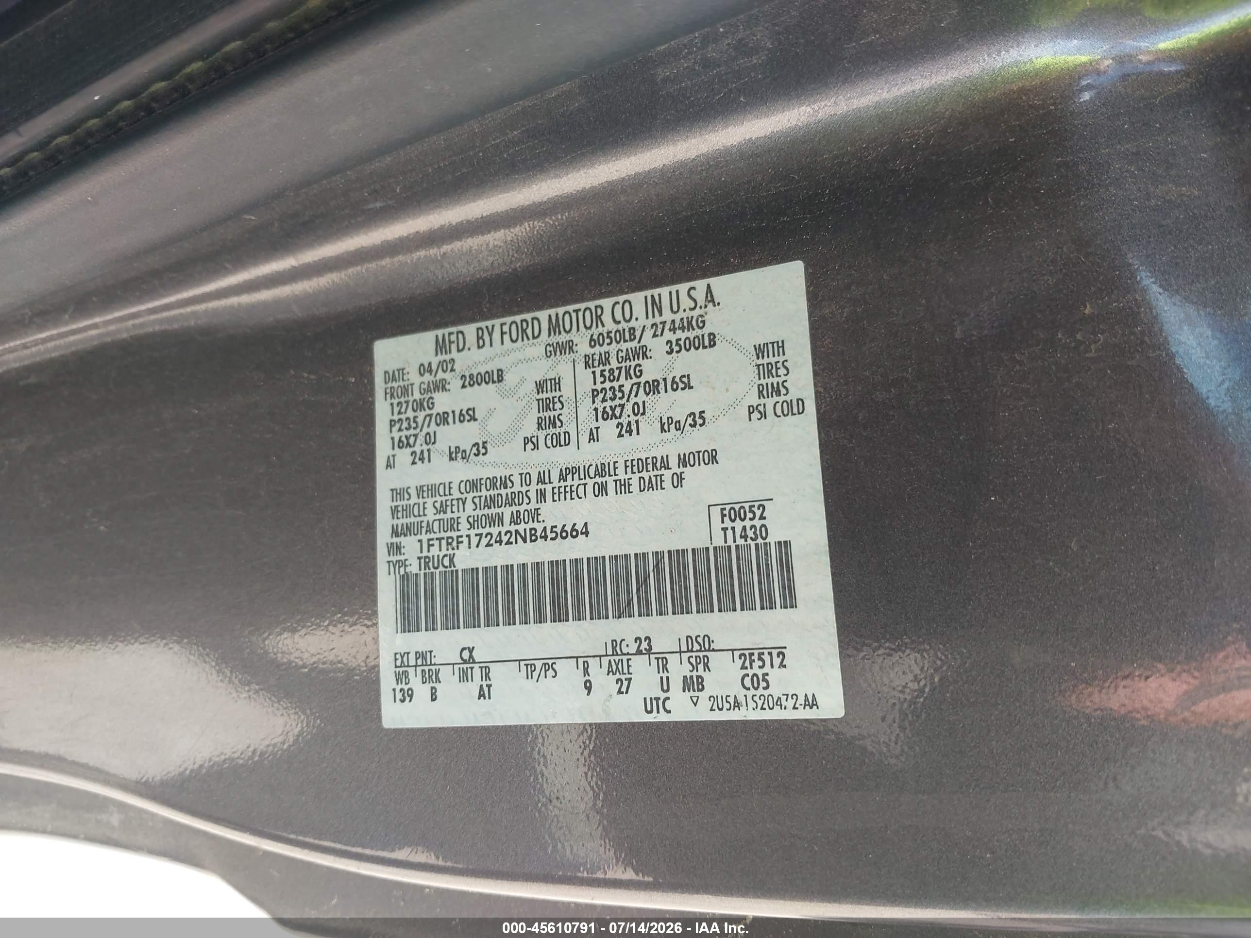 2002 Ford F-150 Xl/xlt Gray vin: 1FTRF17242NB45664