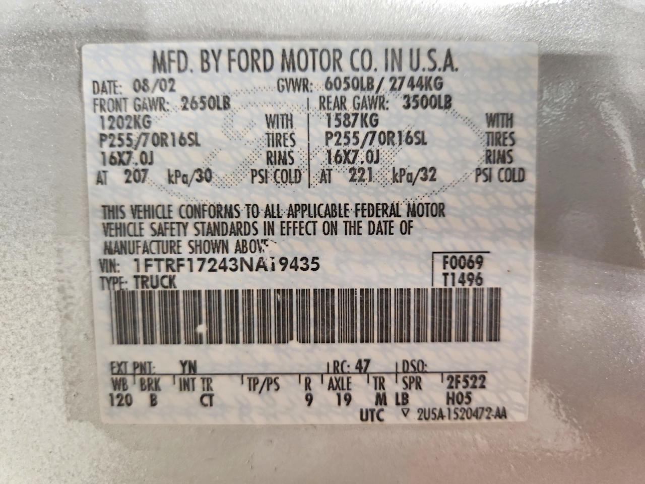 2003 Ford F150 Silver vin: 1FTRF17243NA19435