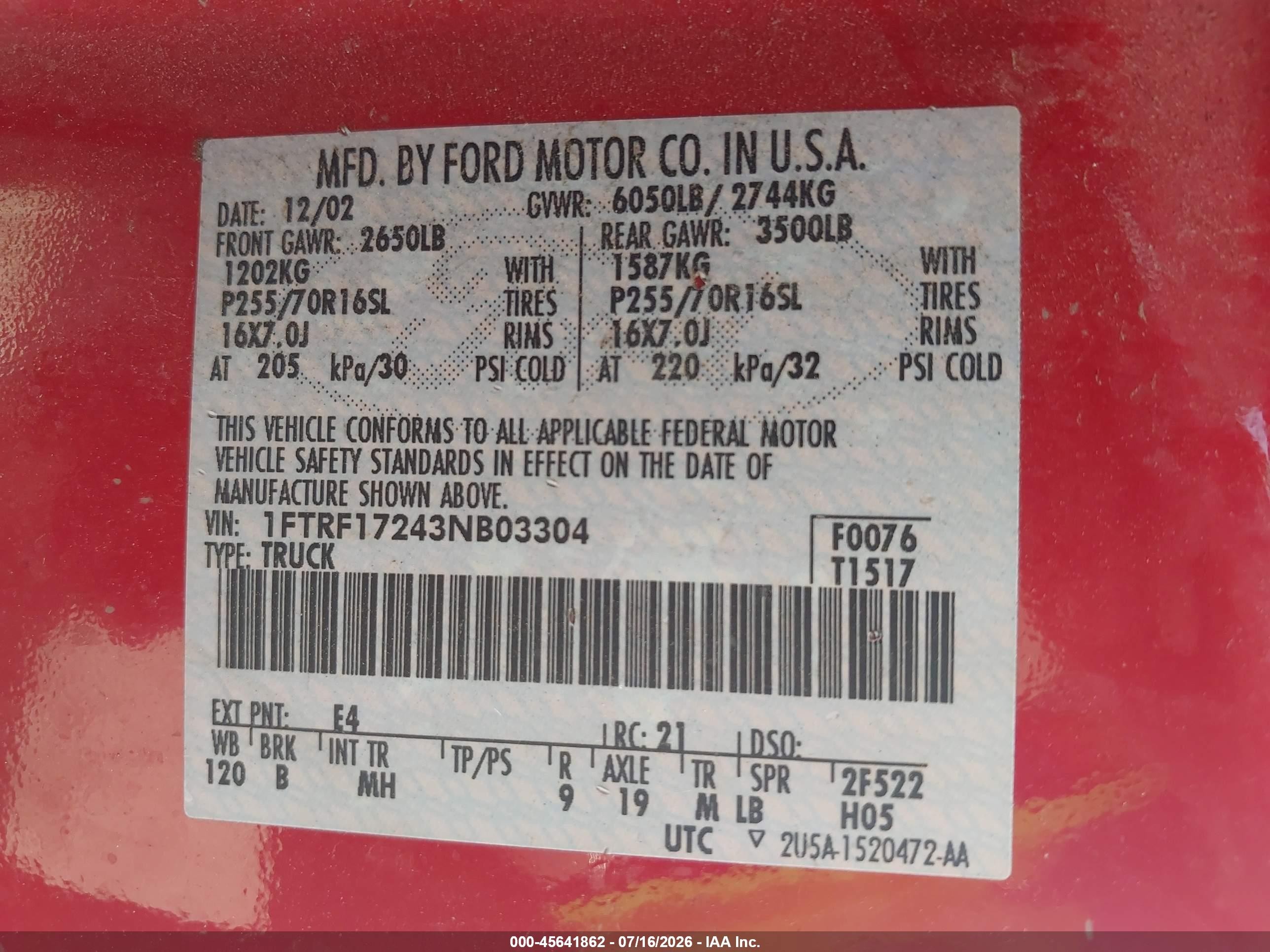 2003 Ford F-150 Xl/xlt Red vin: 1FTRF17243NB03304