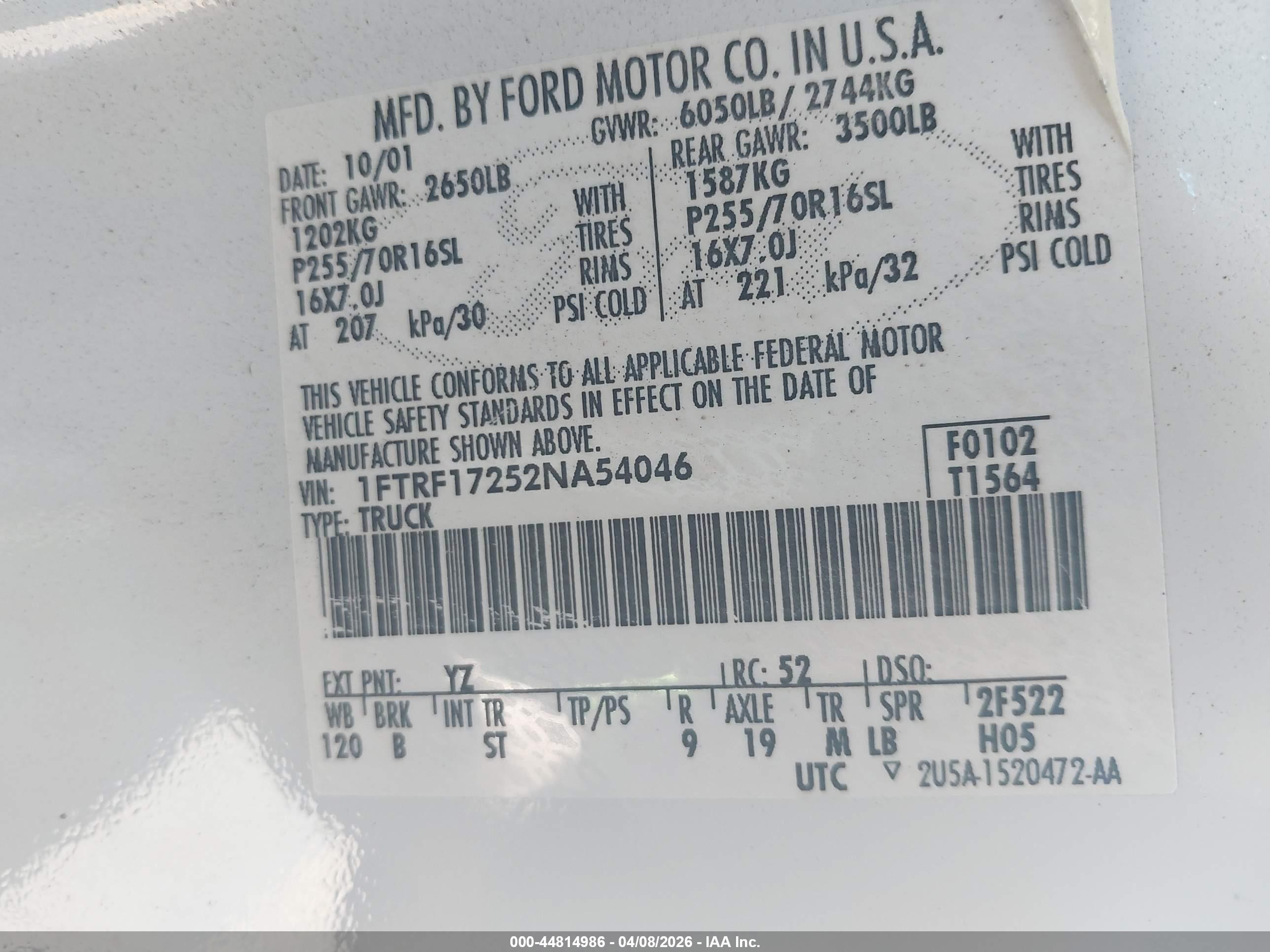 2002 Ford F-150 Xl/xlt White vin: 1FTRF17252NA54046