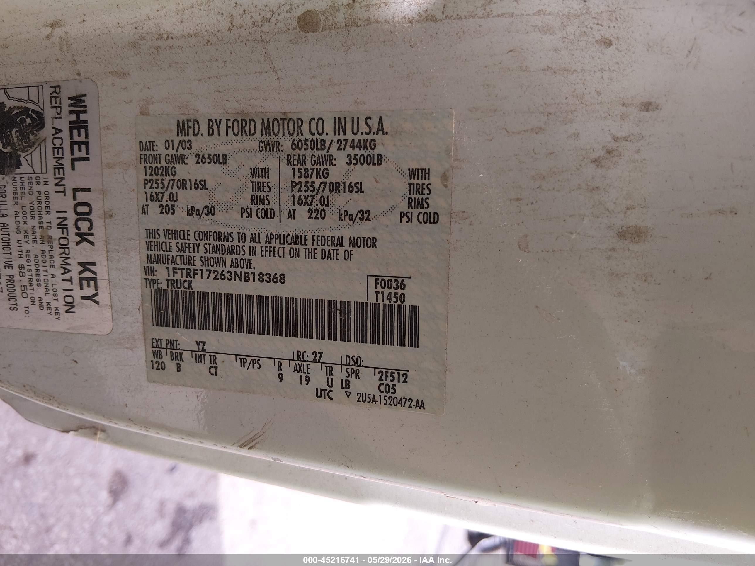 2003 Ford F-150 Xl/xlt White vin: 1FTRF17263NB18368