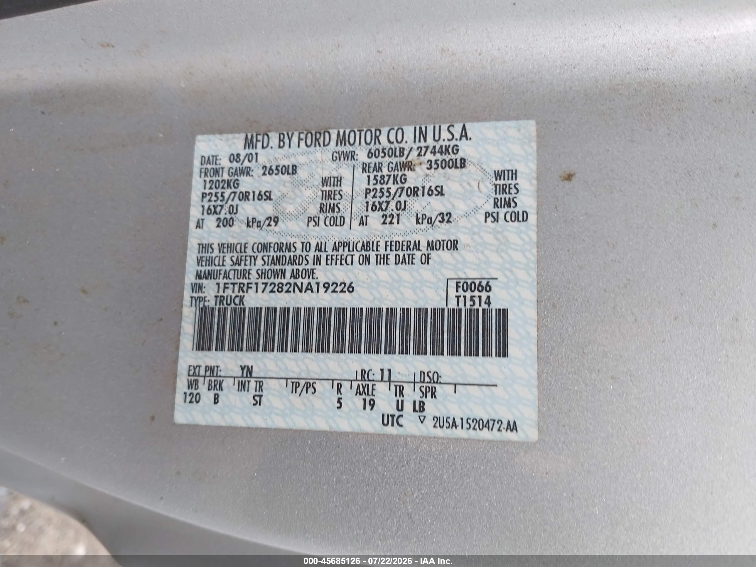 2002 Ford F-150 Xl/xlt Серебряный vin: 1FTRF17282NA19226