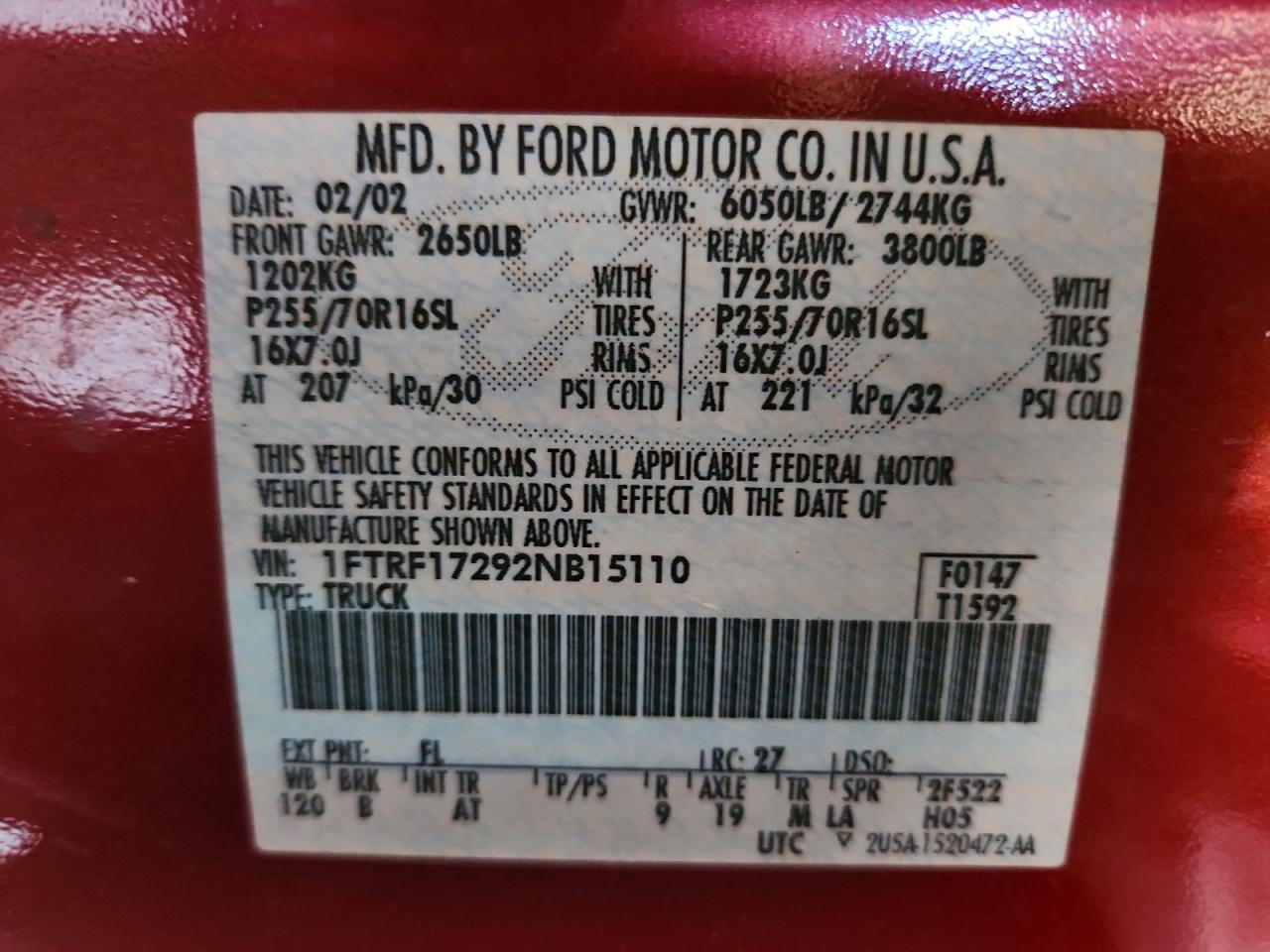 2002 Ford F-150 Red vin: 1FTRF17292NB15110