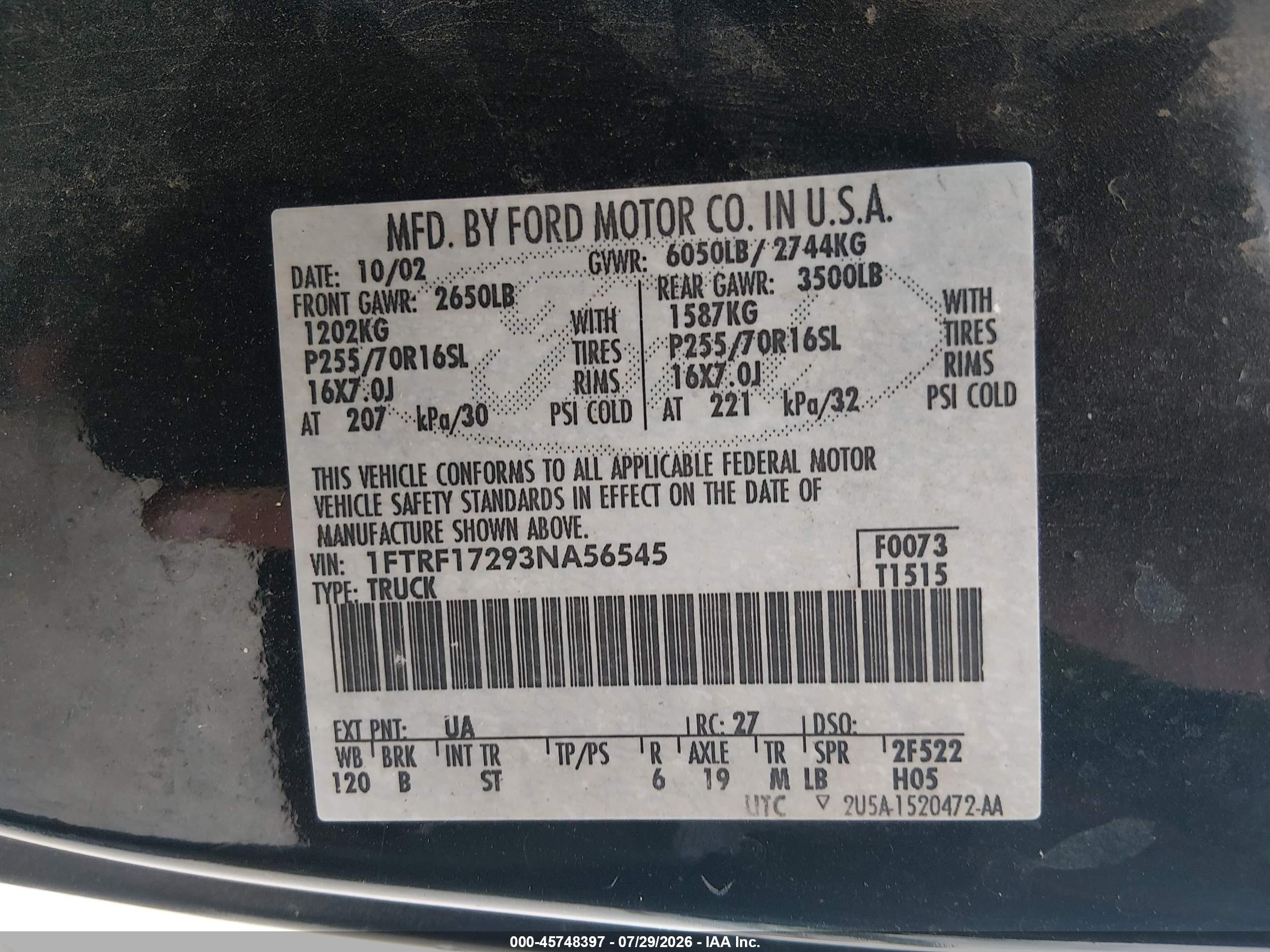 2003 Ford F-150 Xl/xlt Black vin: 1FTRF17293NA56545