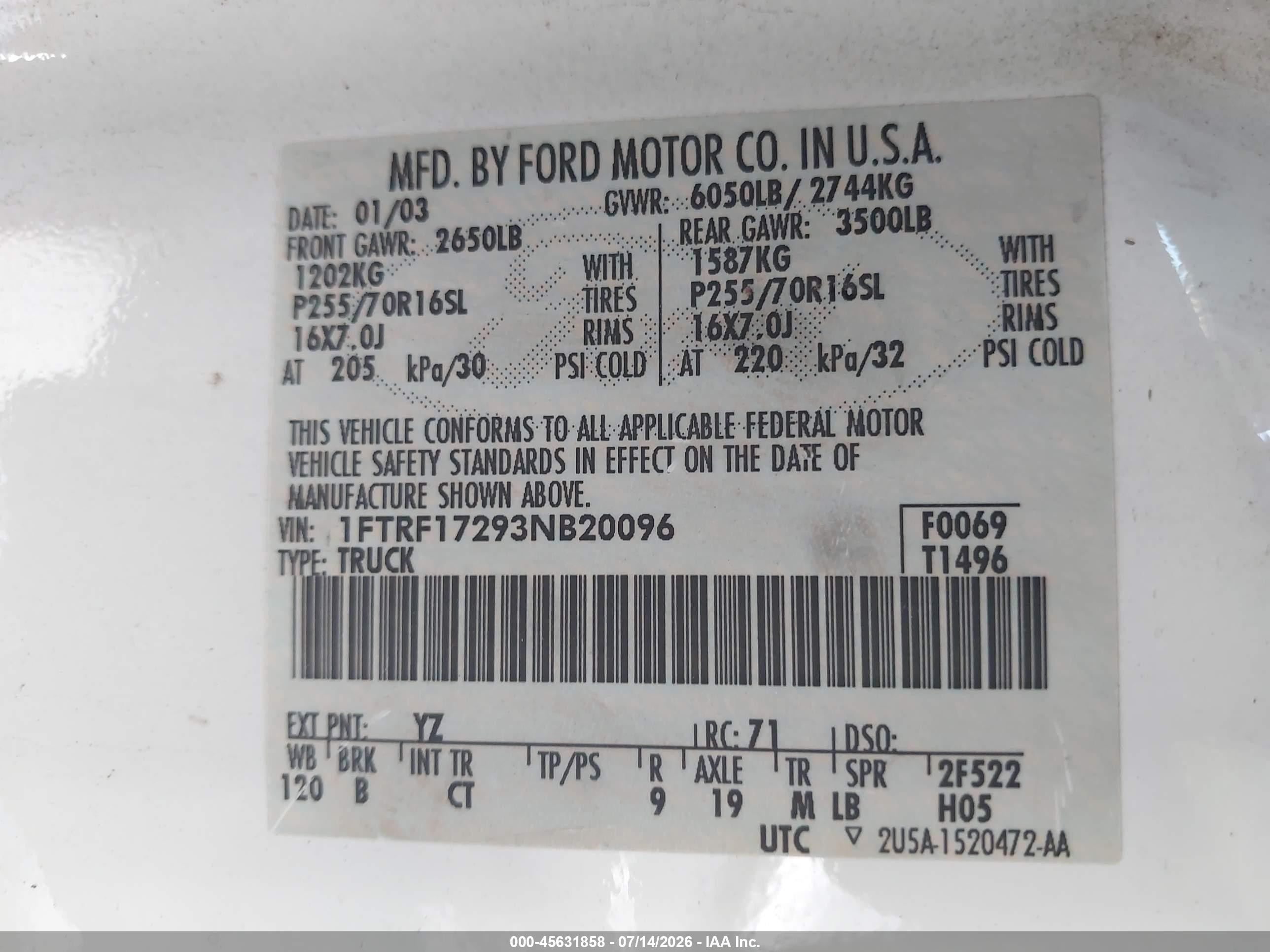 2003 Ford F-150 Xl/xlt White vin: 1FTRF17293NB20096